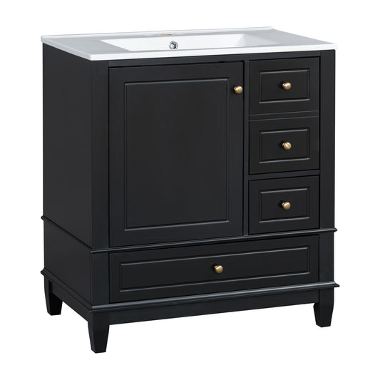 30" Black Bathroom Vanity with Sink, 3 Drawers & Door Shelf