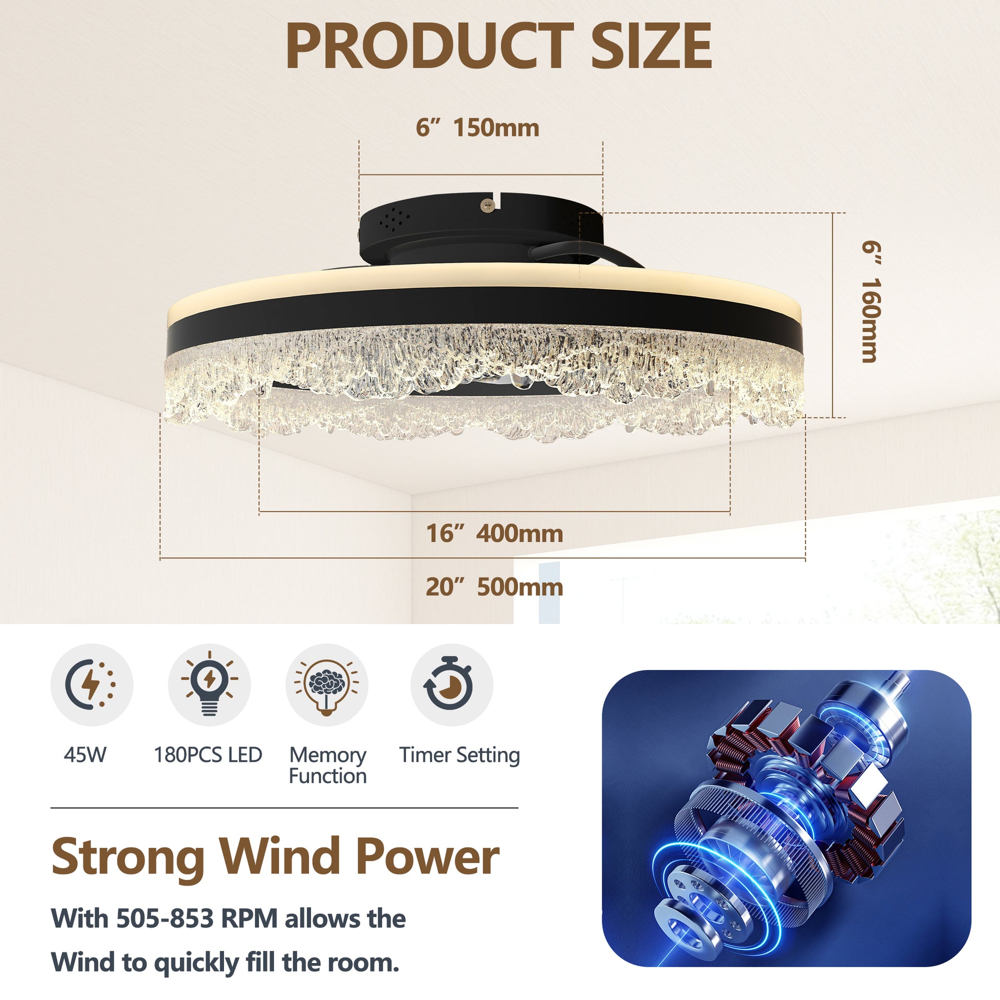 20" Black Crystal Flush Mount Ceiling Fan with LED - view 7