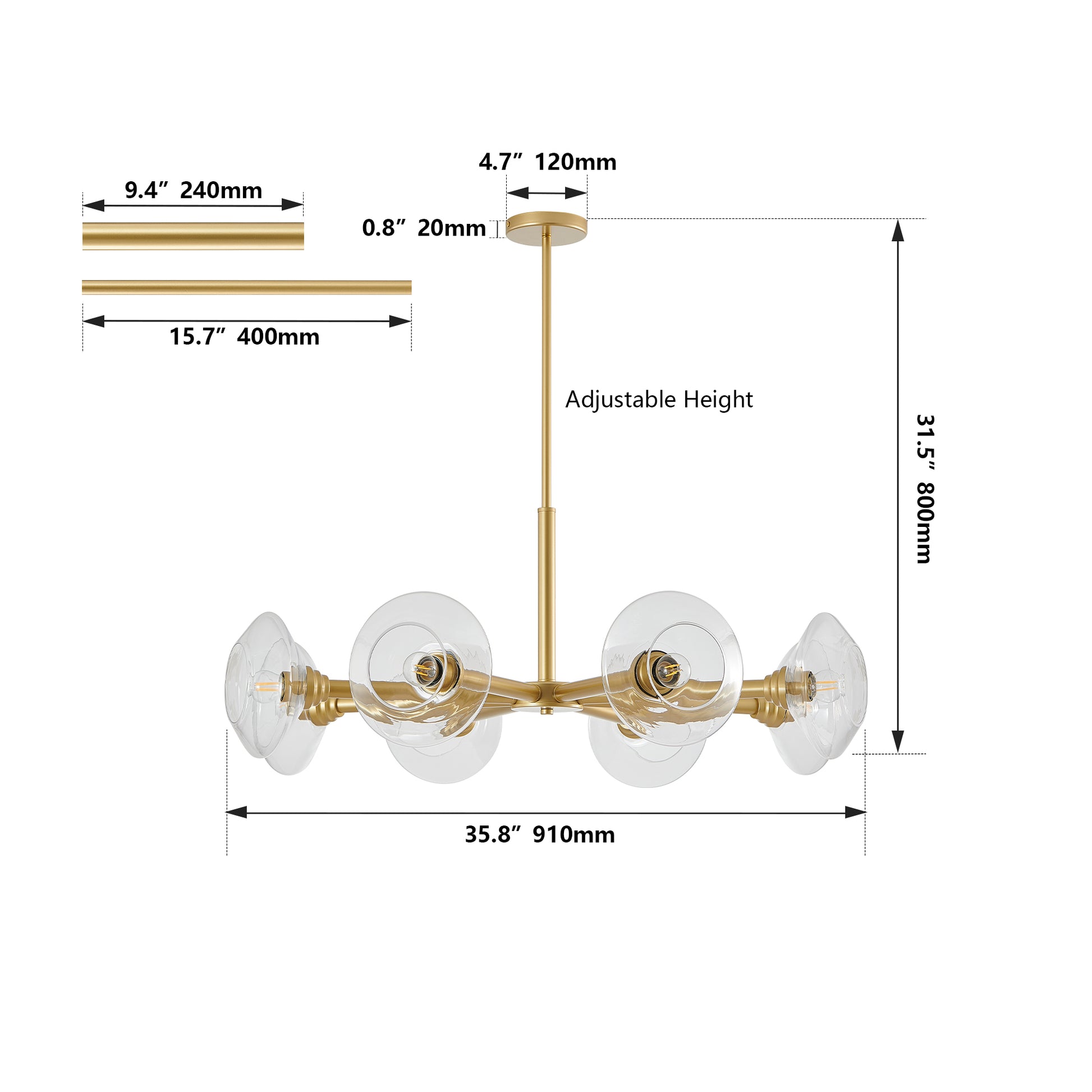 36" 8-Light Gold Sputnik Chandelier with Clear Glass - view 11