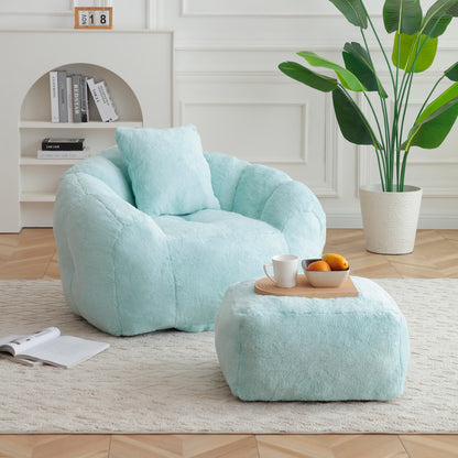 Giant Faux Fur Bean Bag Chair with Footstool – Light Blue
