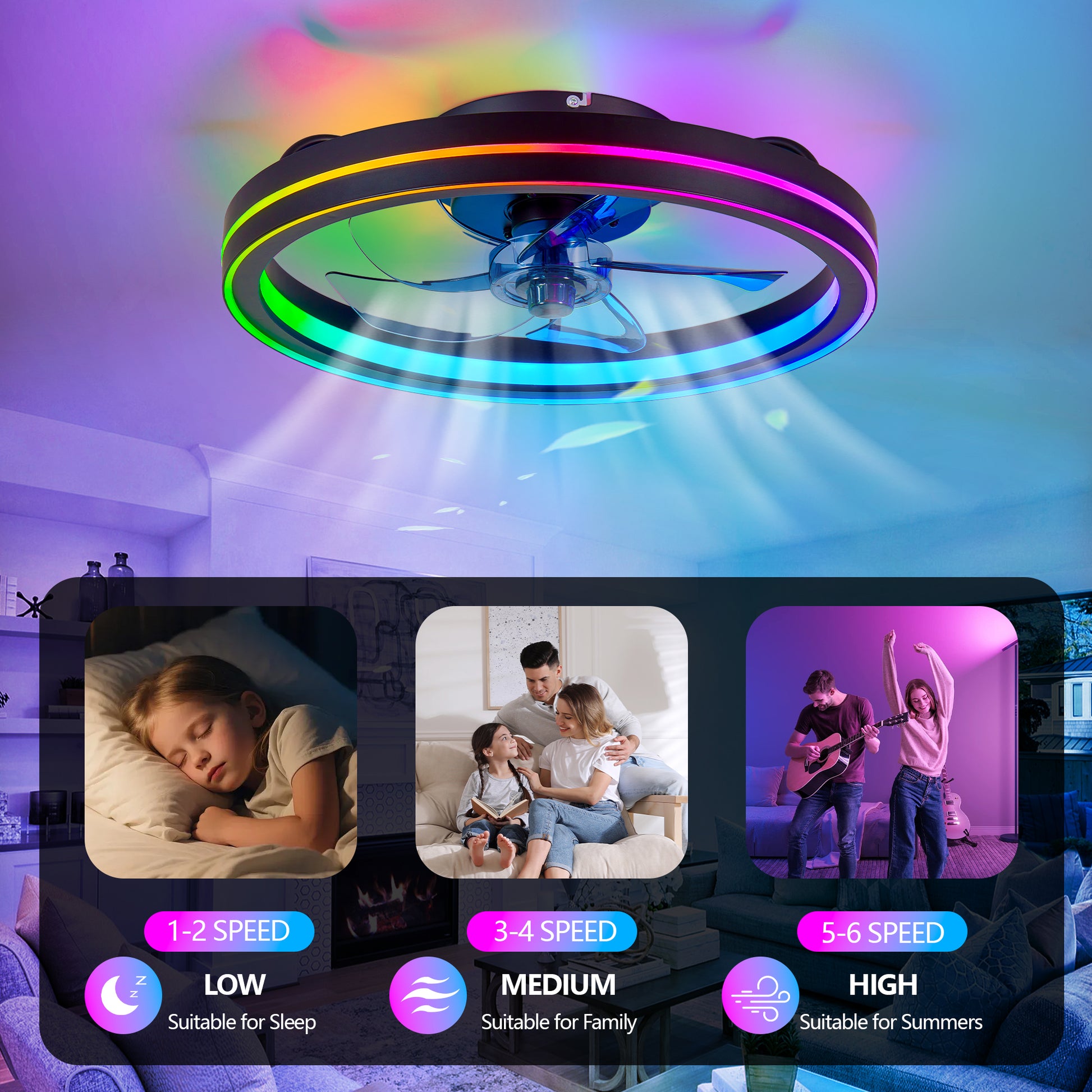 19" Black RGB Bladeless Fandelier Ceiling Fan with Remote - view 4