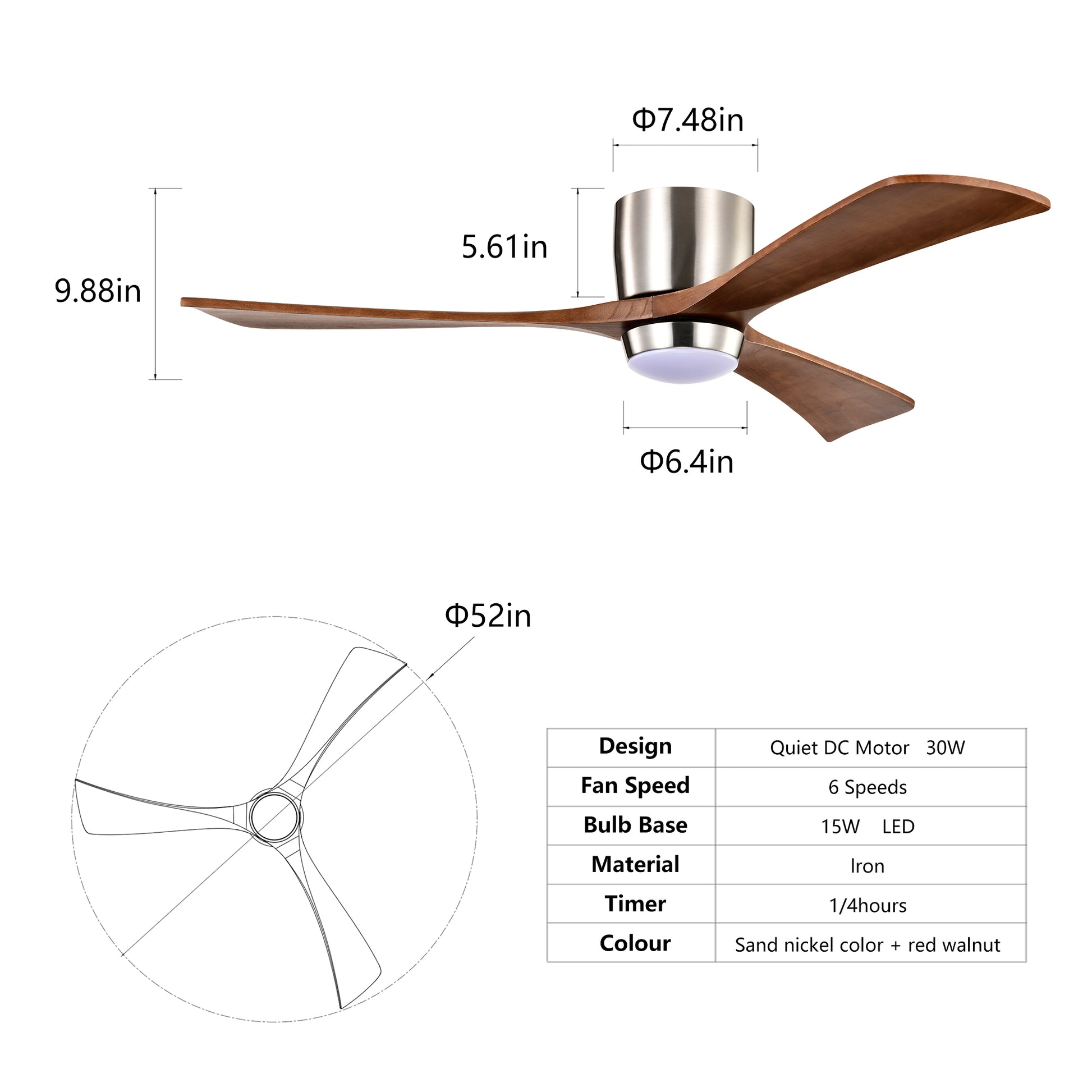 52" Nickel Flush Mount Wood Ceiling Fan with Remote - view 7