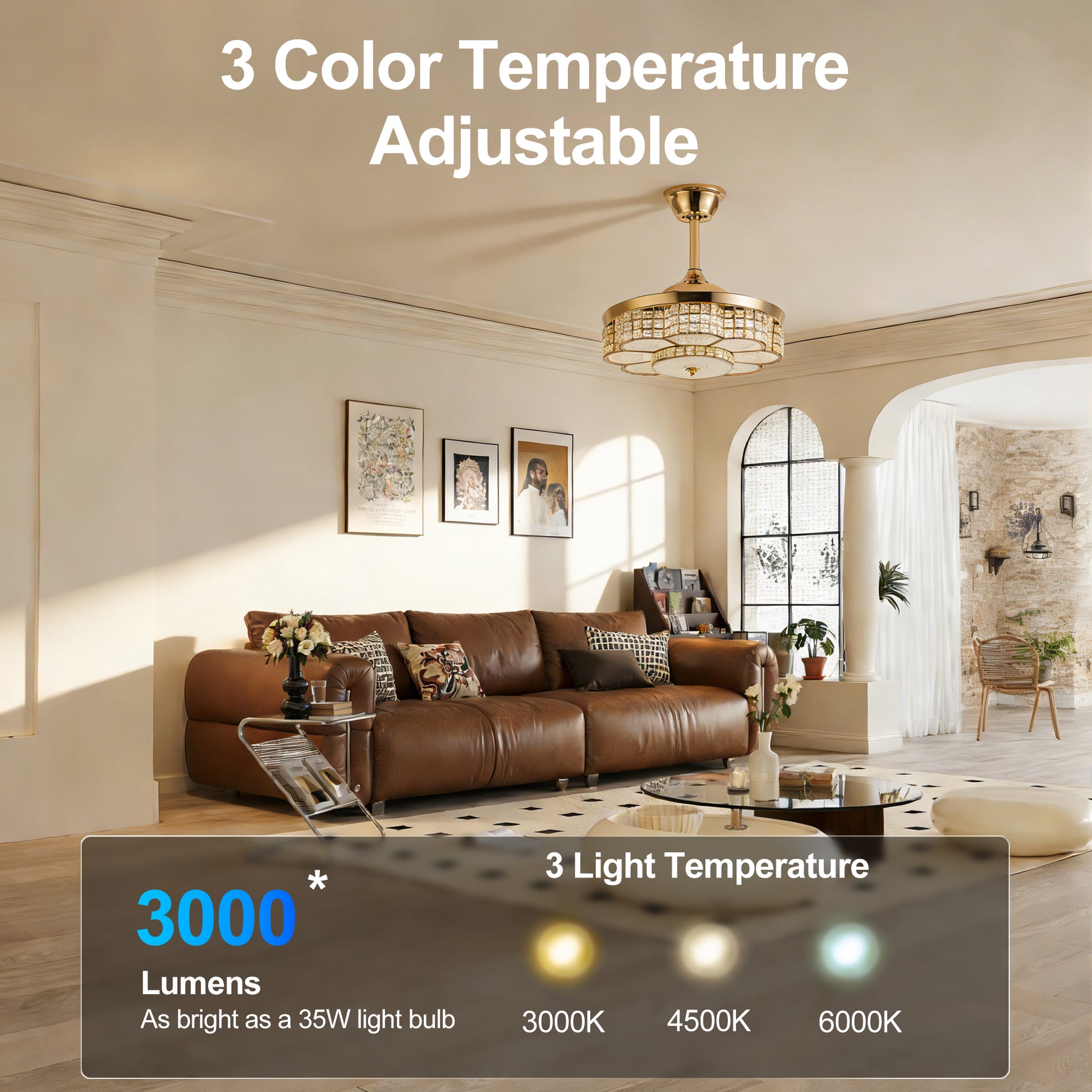 48" Gold Retractable Blade Ceiling Fan with Light & Remote - view 23