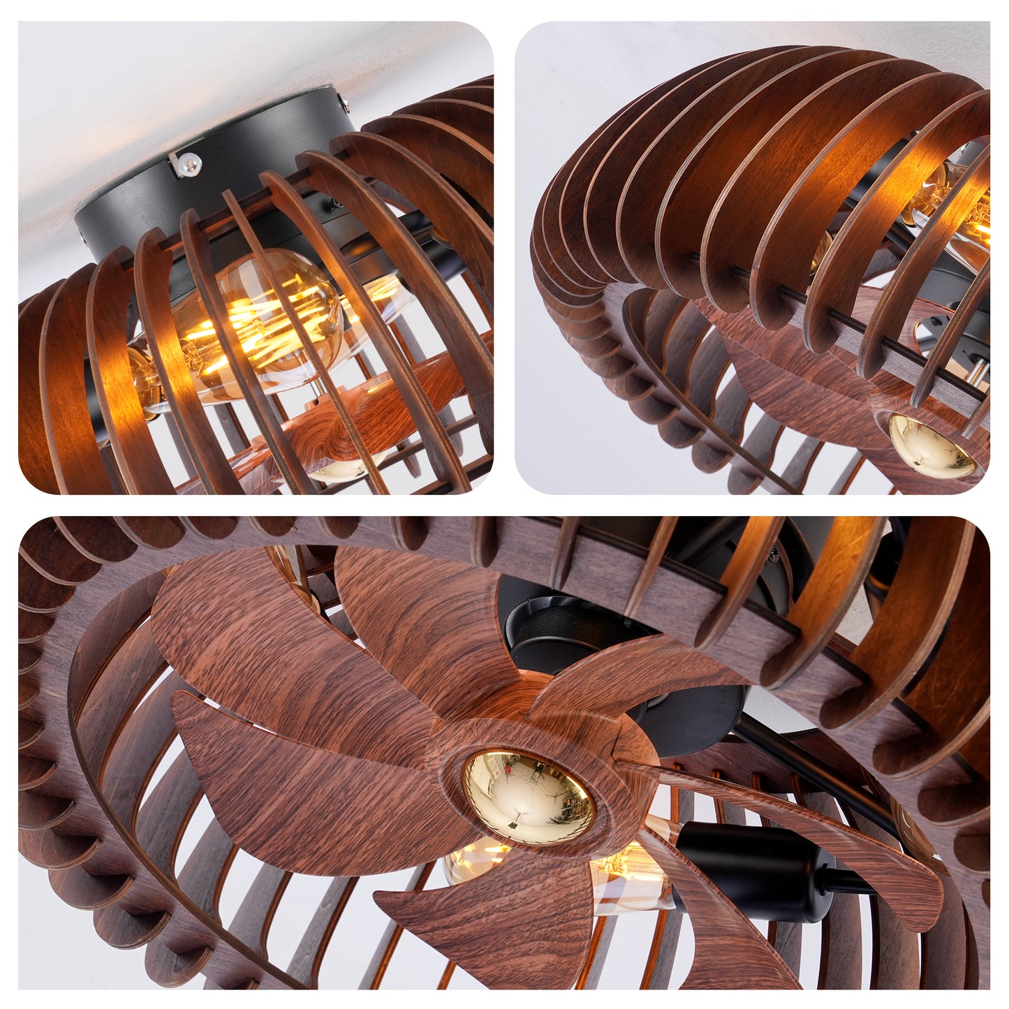 20" Wood Semicircle Flush Mount Ceiling Fan with Remote - view 14
