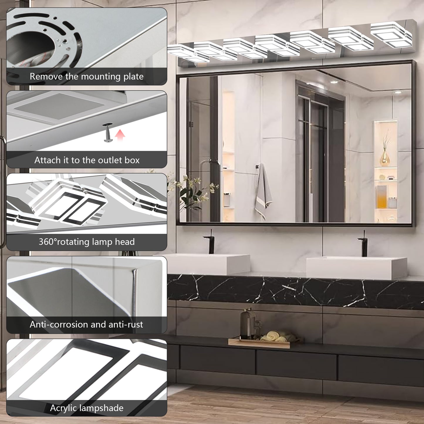 45" 7-Light Chrome LED Vanity Light with Acrylic Shades - view 11