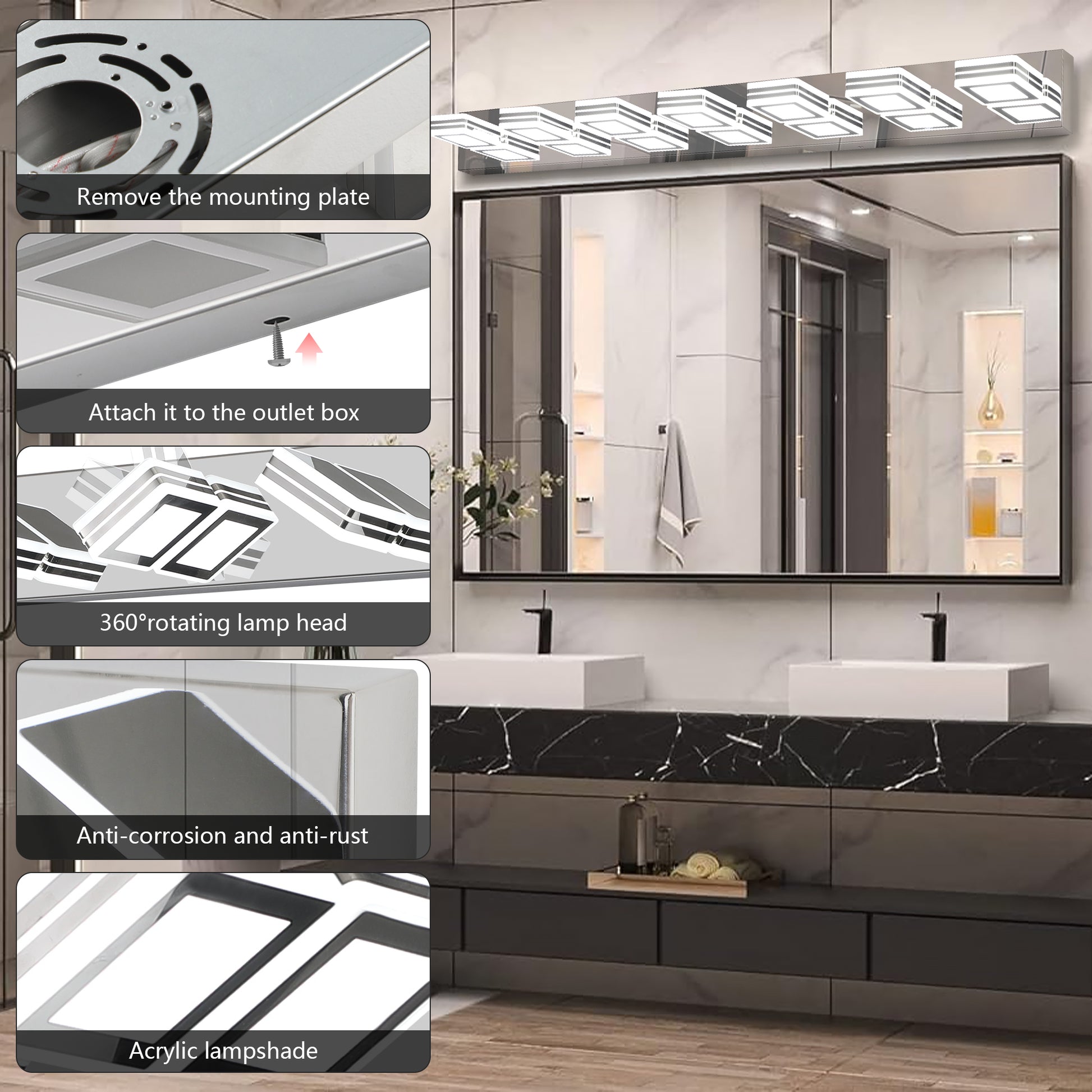 45" 7-Light Chrome LED Vanity Light with Acrylic Shades - view 11