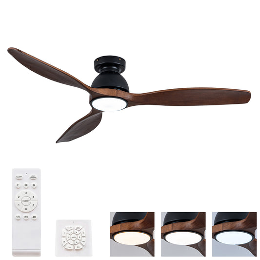 52" Matte Black Flush Mount Wood Ceiling Fan with Remote