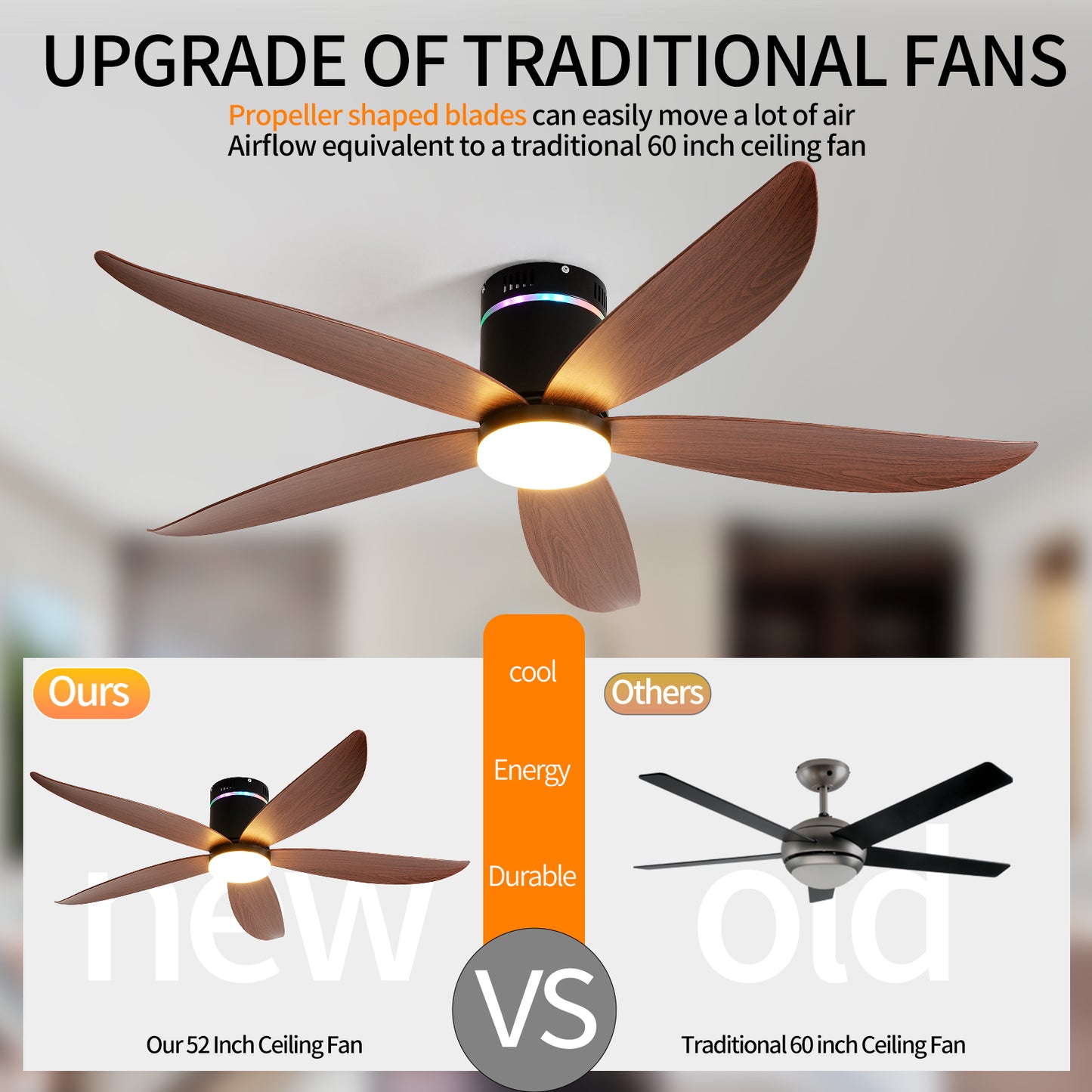 52" Matte Black 5-Blade Ceiling Fan with LED Light - view 9
