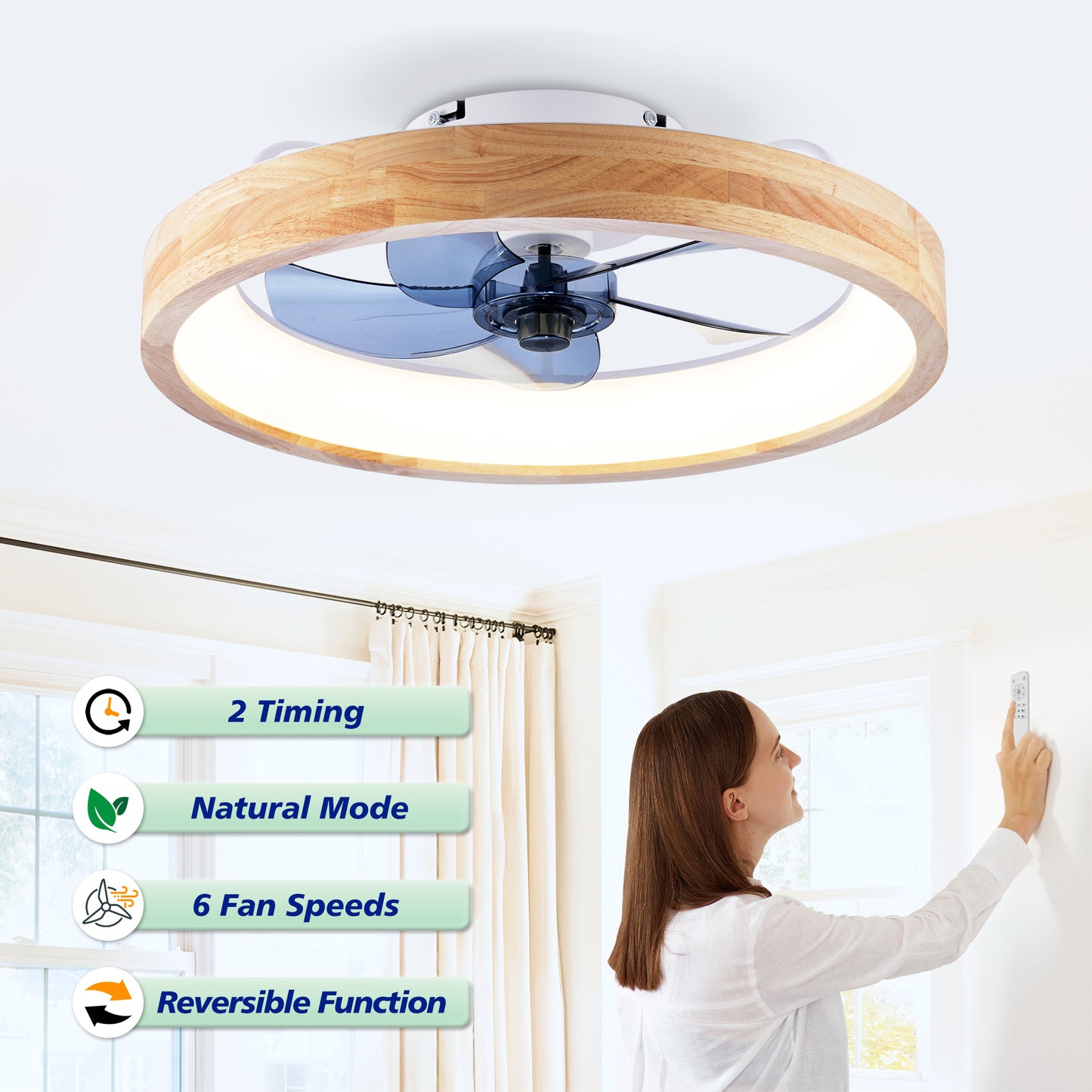 20" Wood & White Flush Mount Ceiling Fan with Dimmable LED - view 14