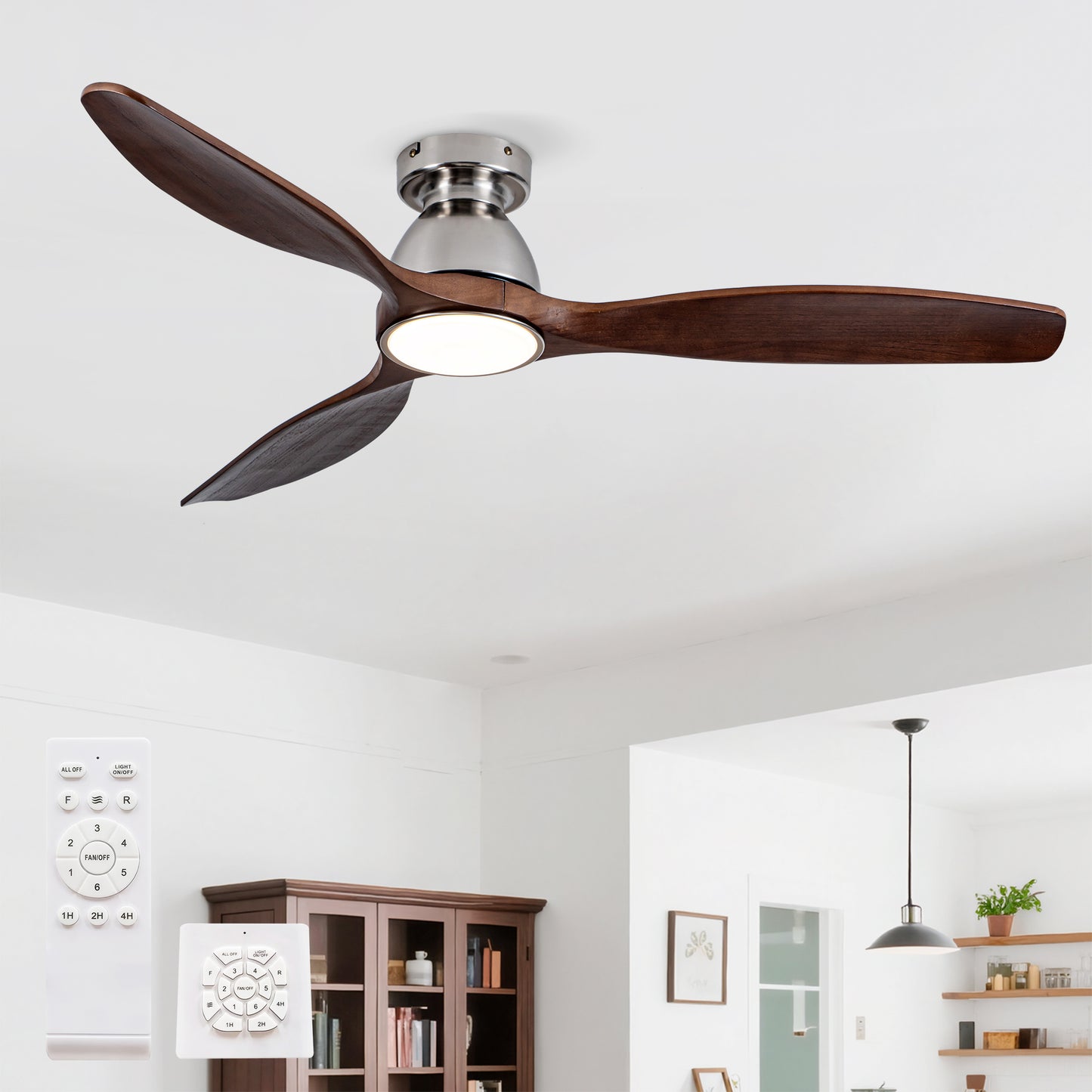52" Walnut Solid Wood Flush Mount Ceiling Fan - view 2
