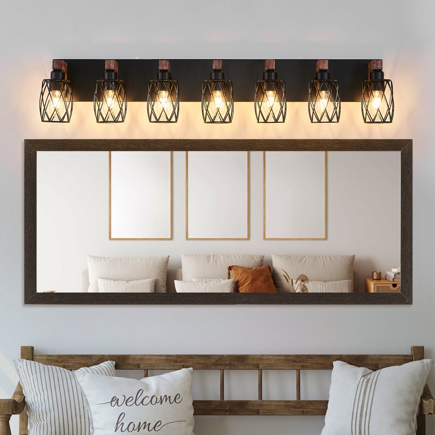 7-Light Black Caged Industrial Wall Light with Wood Accents - view 2