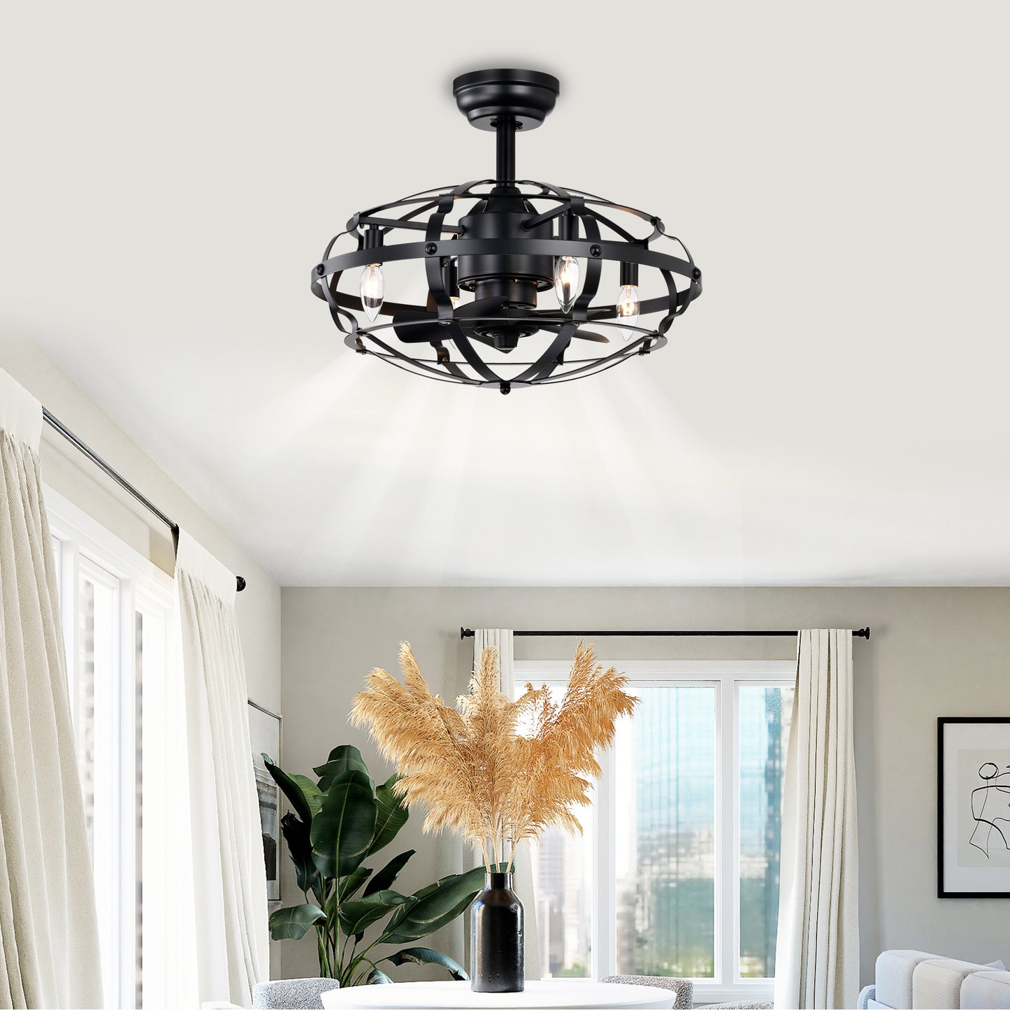 20.63" Matte Black Caged Ceiling Fan with Light - view 4