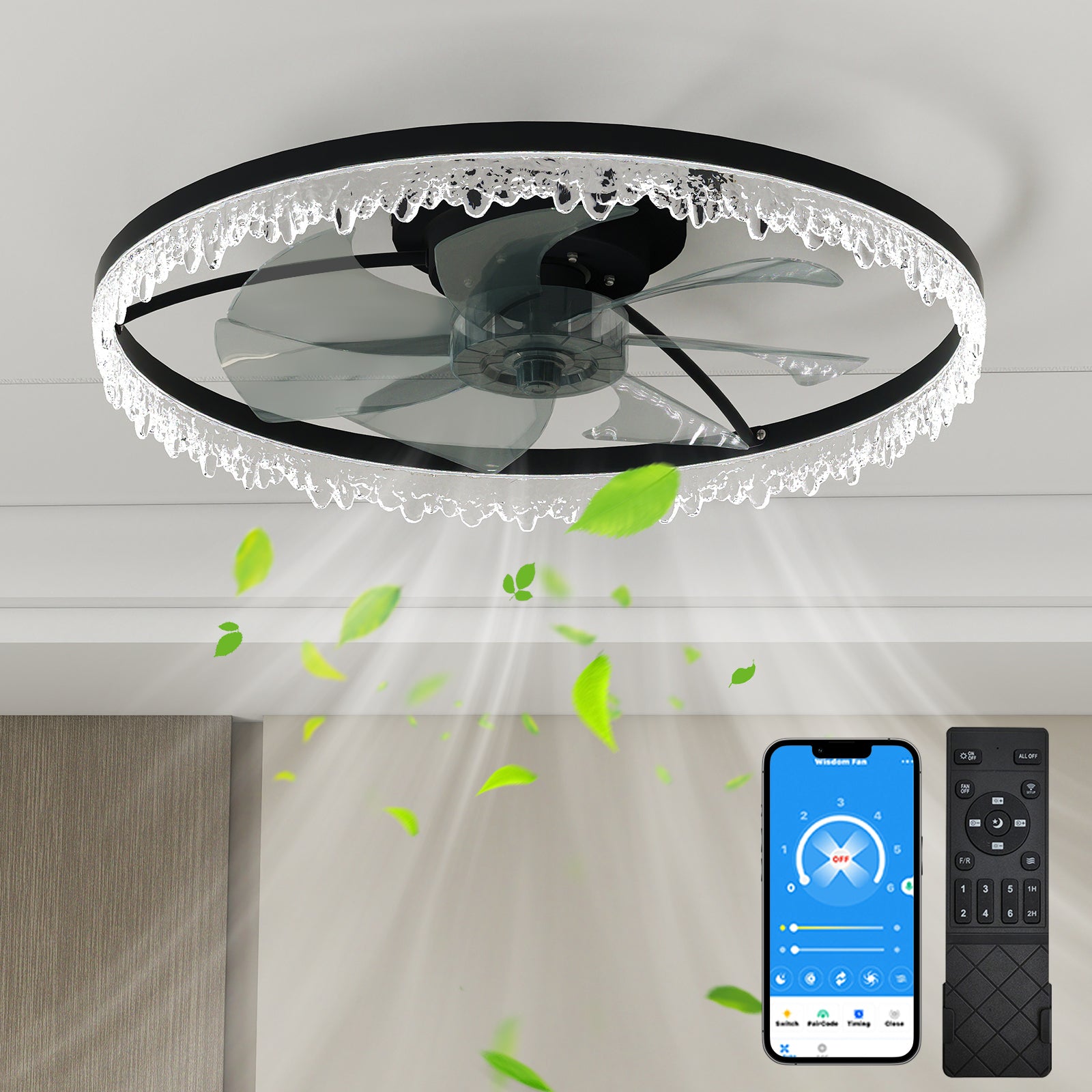 24" Black Crystal Flush Mount Ceiling Fan with Remote