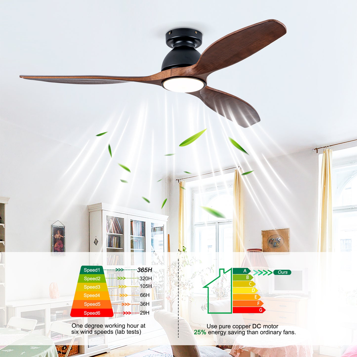 52" Matte Black Flush Mount Wood Ceiling Fan with Remote - view 11