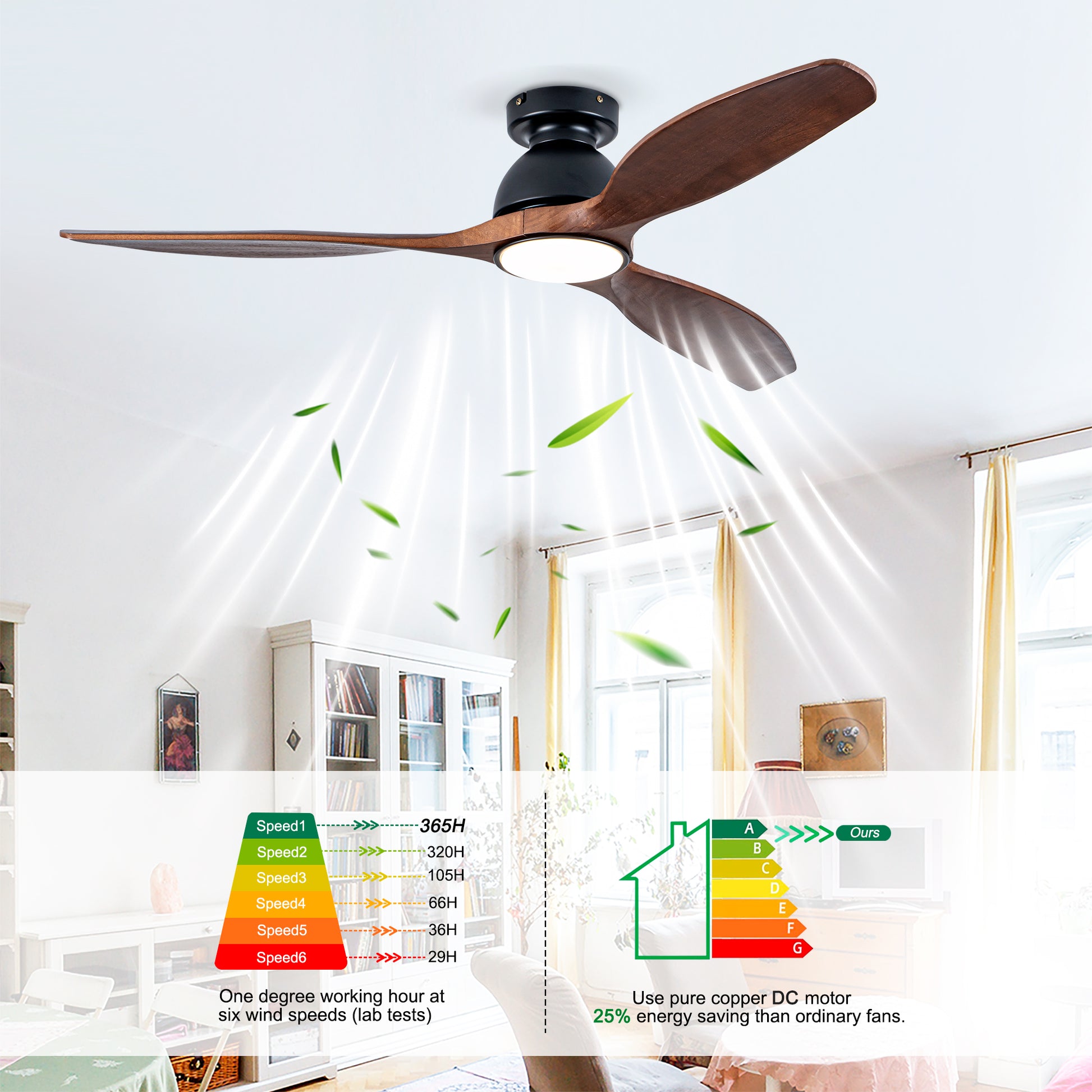 52" Matte Black Flush Mount Wood Ceiling Fan with Remote - view 11