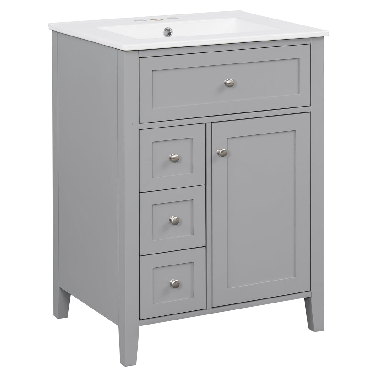 24" Gray Bathroom Vanity with Ceramic Sink and 4 Drawers