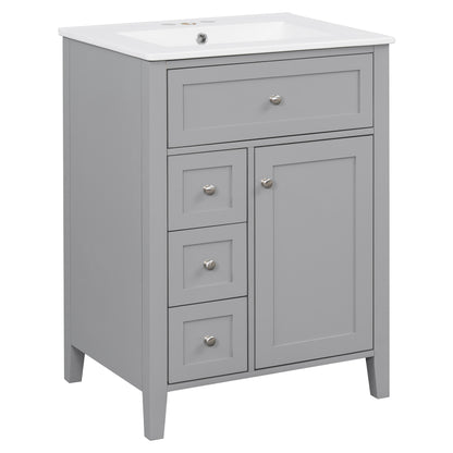 24" Gray Bathroom Vanity with Ceramic Sink and 4 Drawers