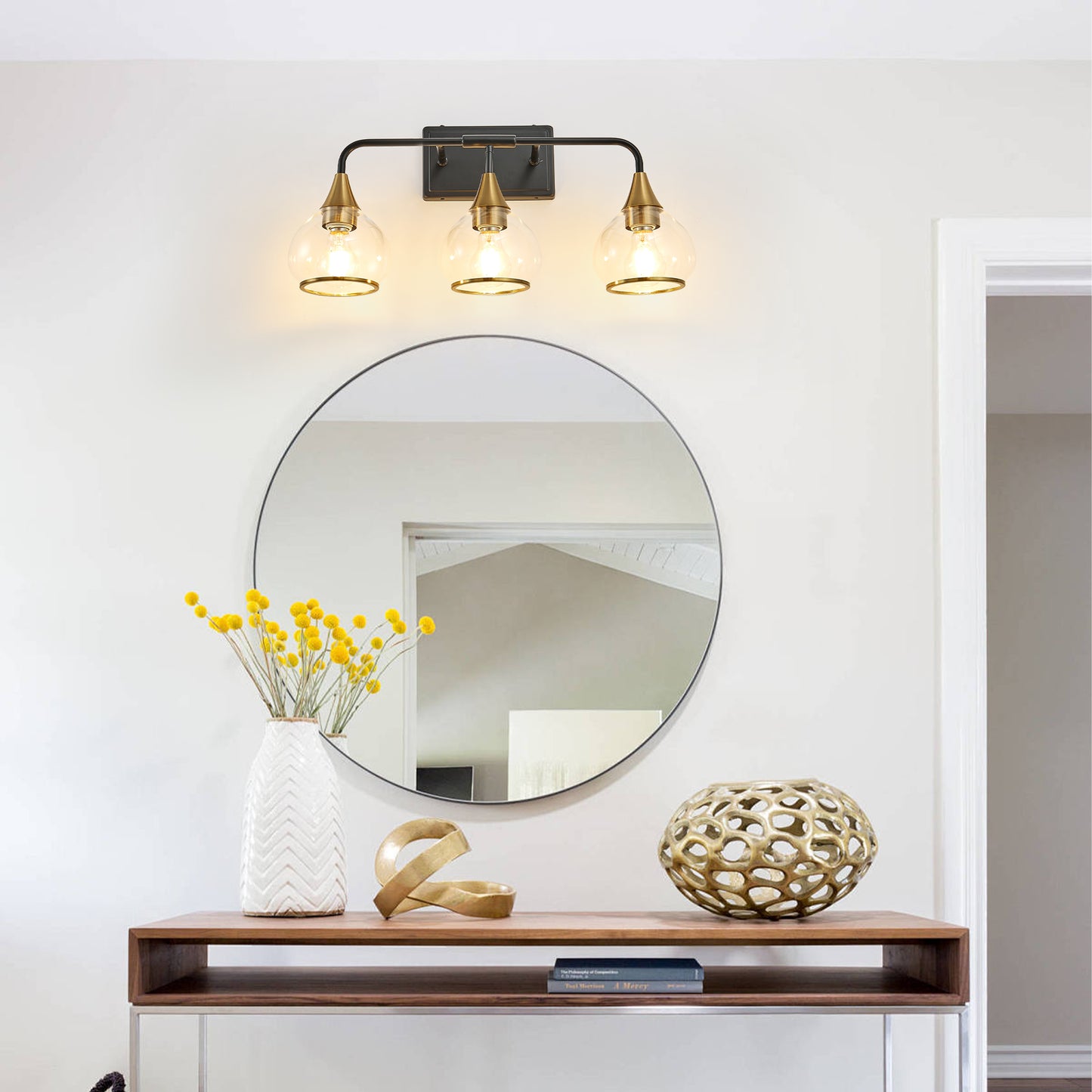 23" 3-Light Black & Gold Vanity Light with Clear Glass
