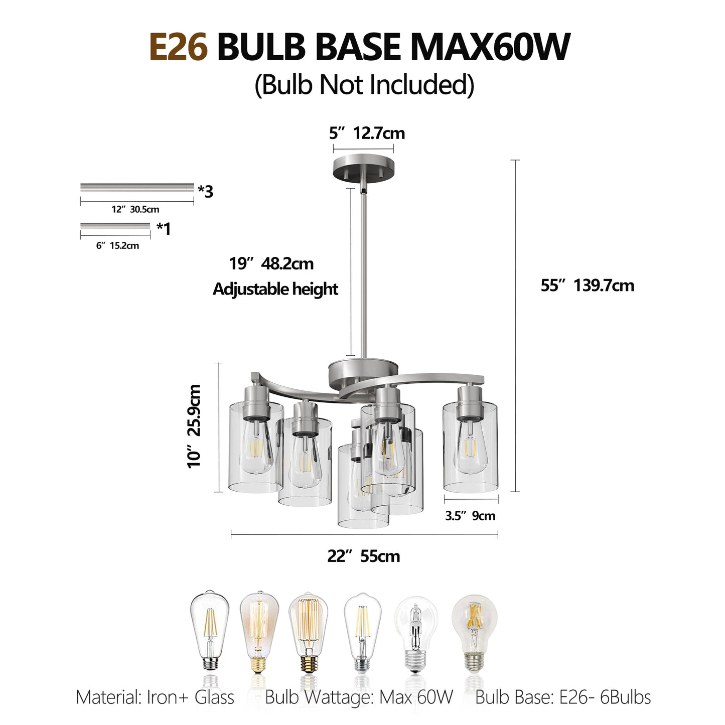 6-Light Brushed Nickel Chandelier with Clear Glass - view 7