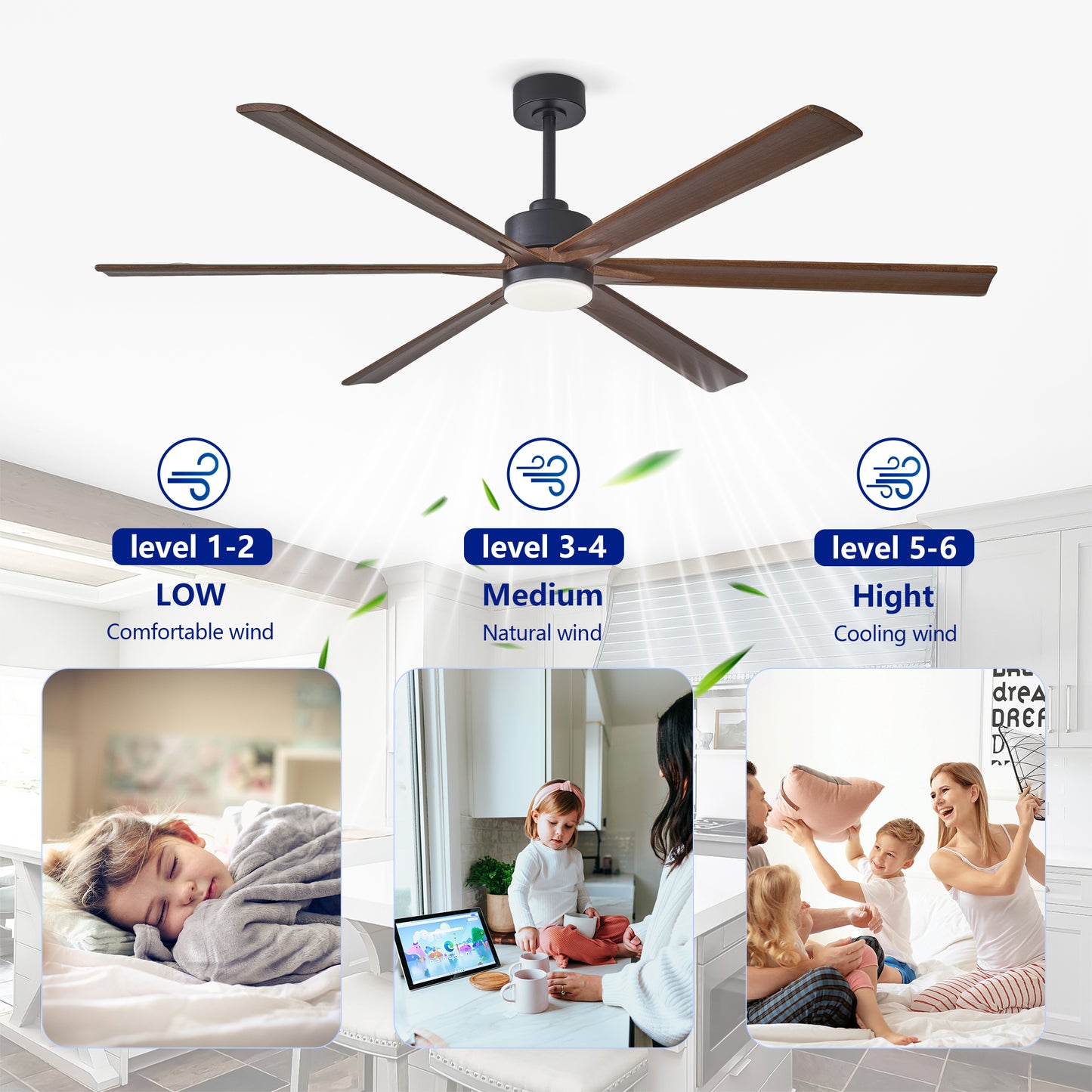 70" Matte Black & Walnut Solid Wood Ceiling Fan - view 12