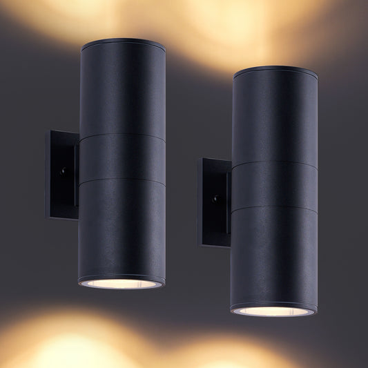 12" Matte Black Cylinder Outdoor Wall Sconce, Set of 2