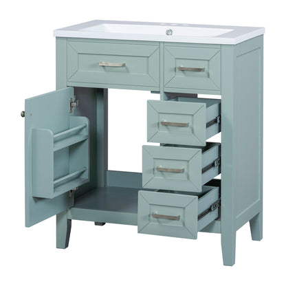 30" Green Bathroom Vanity with Sink, Bottom Drawer & Door Shelf