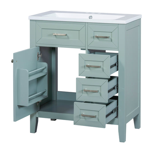 30" Green Bathroom Vanity with Sink, Bottom Drawer & Door Shelf