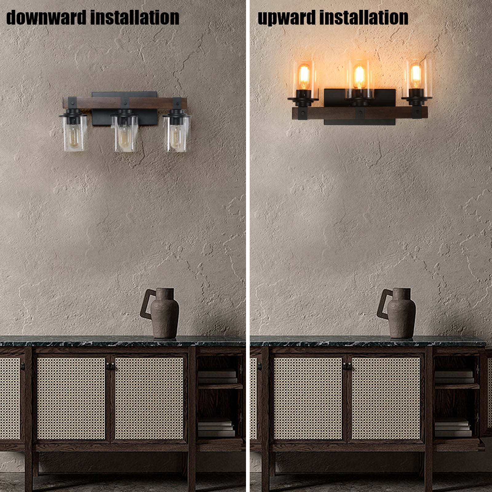 19" 3-Light Walnut Farmhouse Vanity Light with Glass Shades - view 8