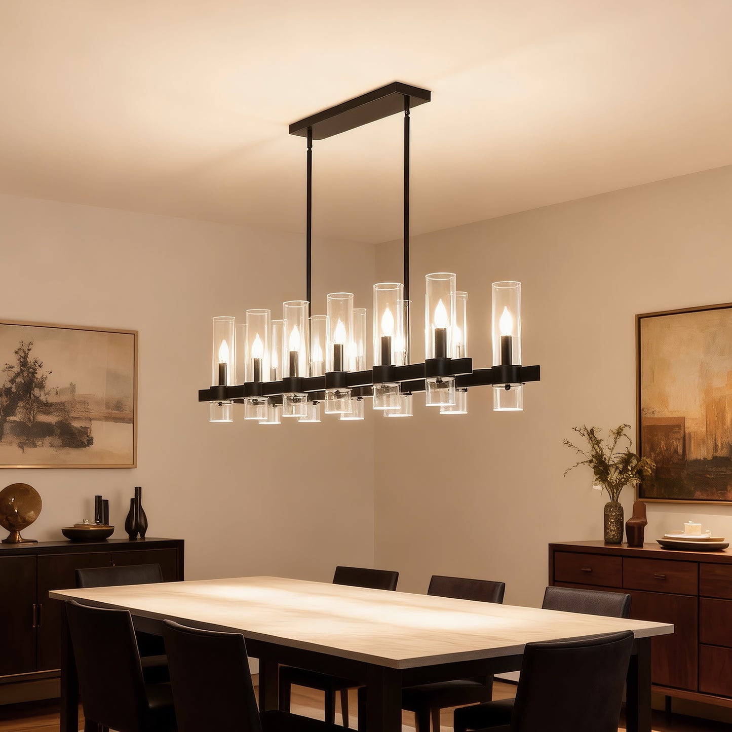 12-Light Black Linear Farmhouse Chandelier with Clear Glass - view 14
