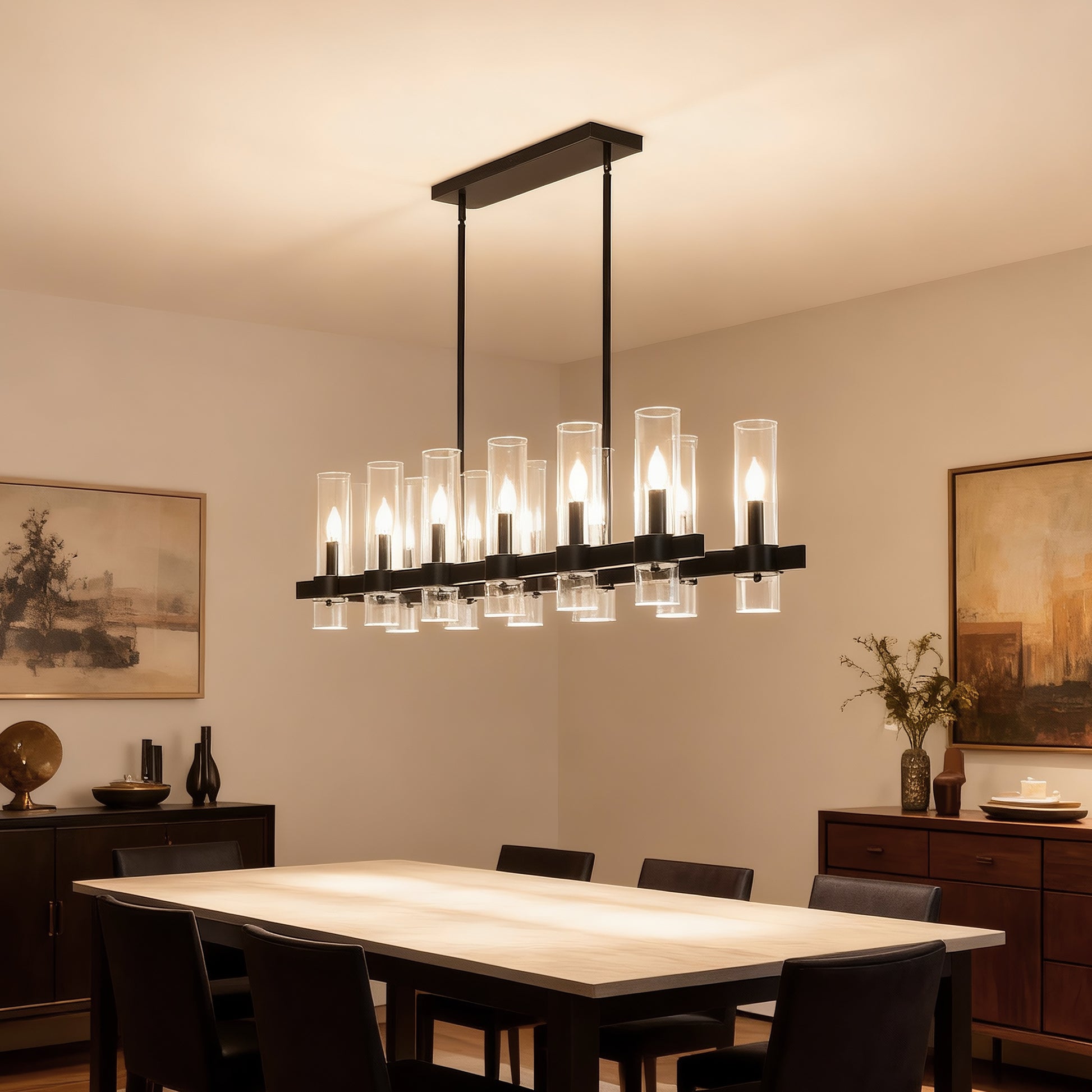 12-Light Black Linear Farmhouse Chandelier with Clear Glass - view 14