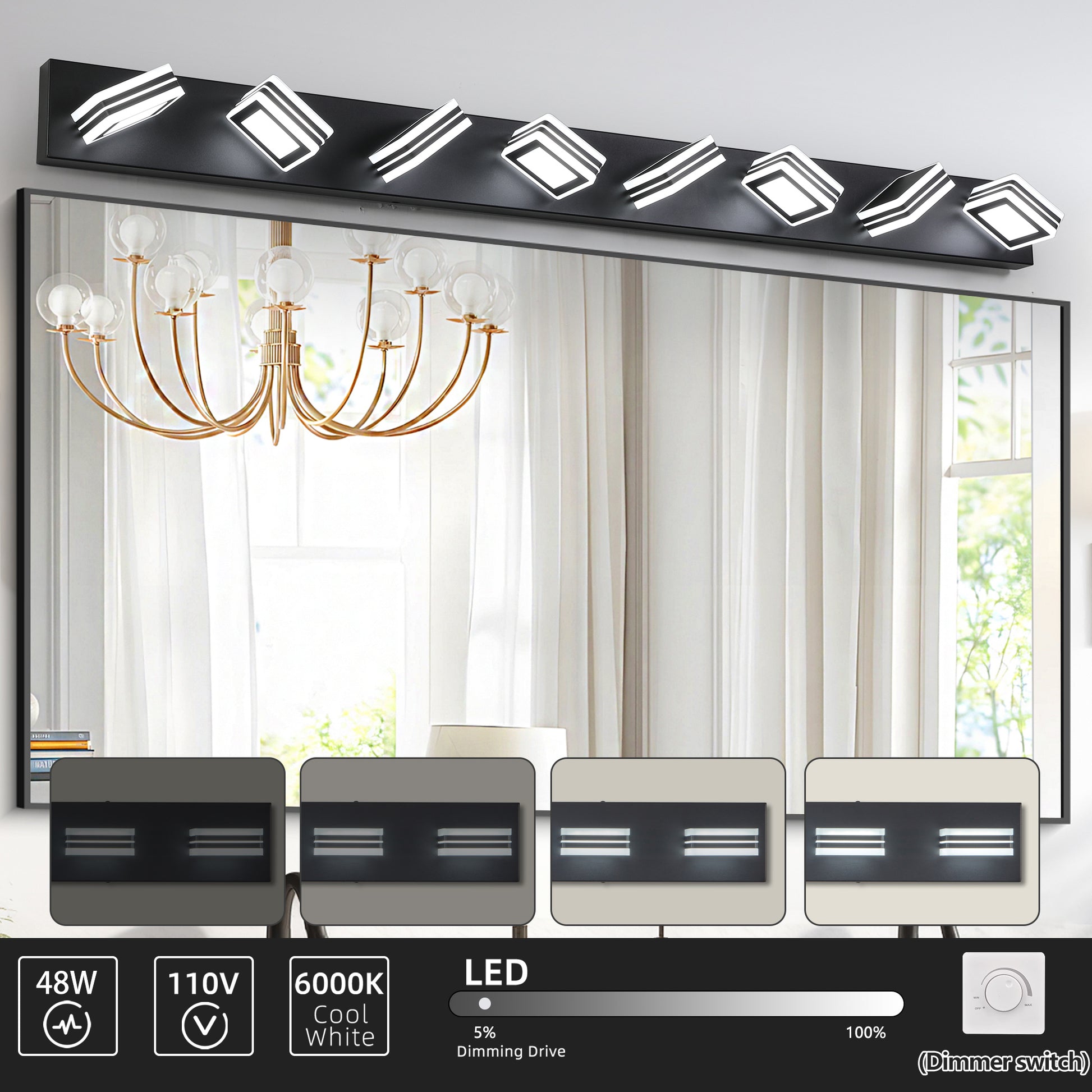 52" 8-Light Black Vanity Light with Dimmable LED - view 5