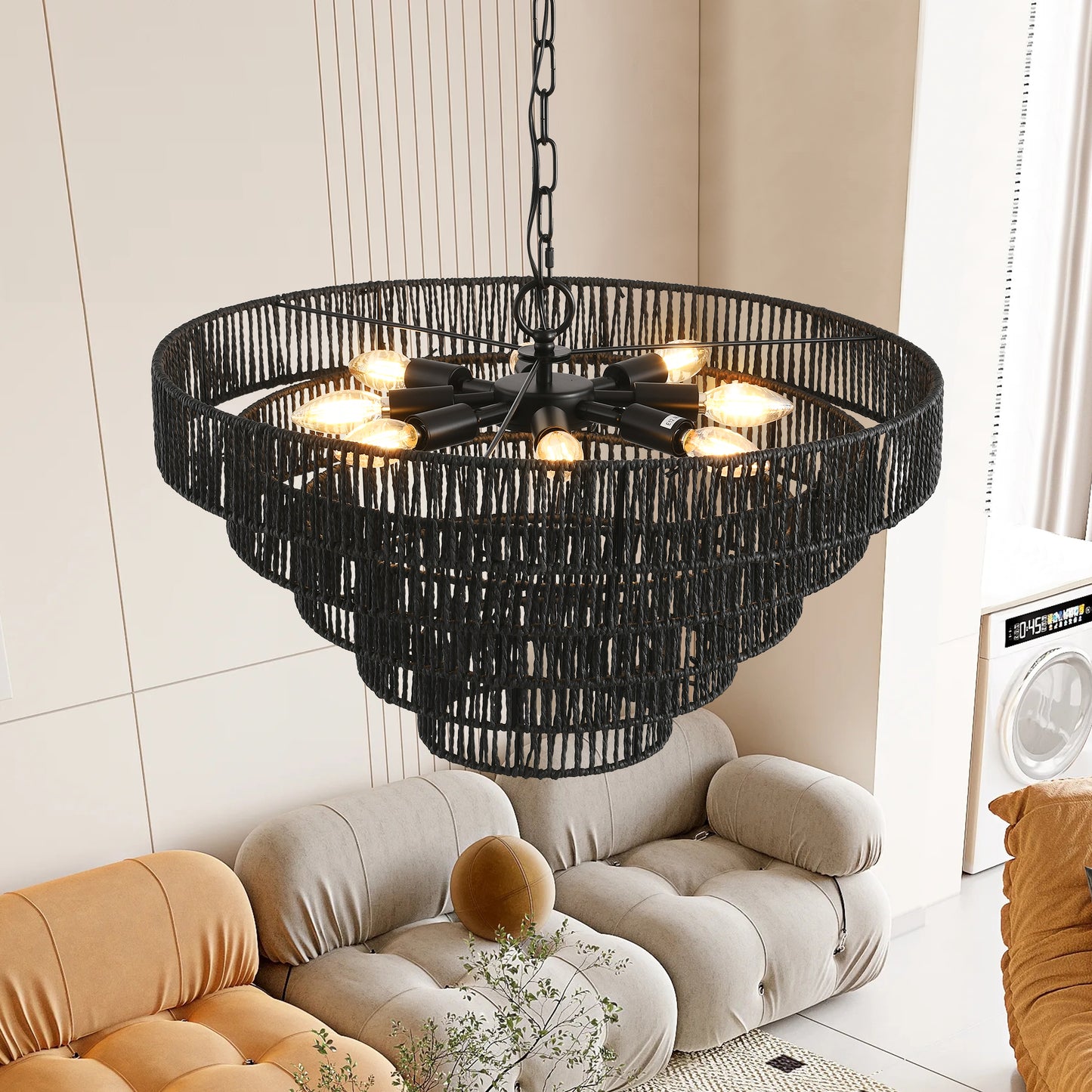 24" 5-Tier Black Hemp Rope Chandelier, 8-Light - view 4