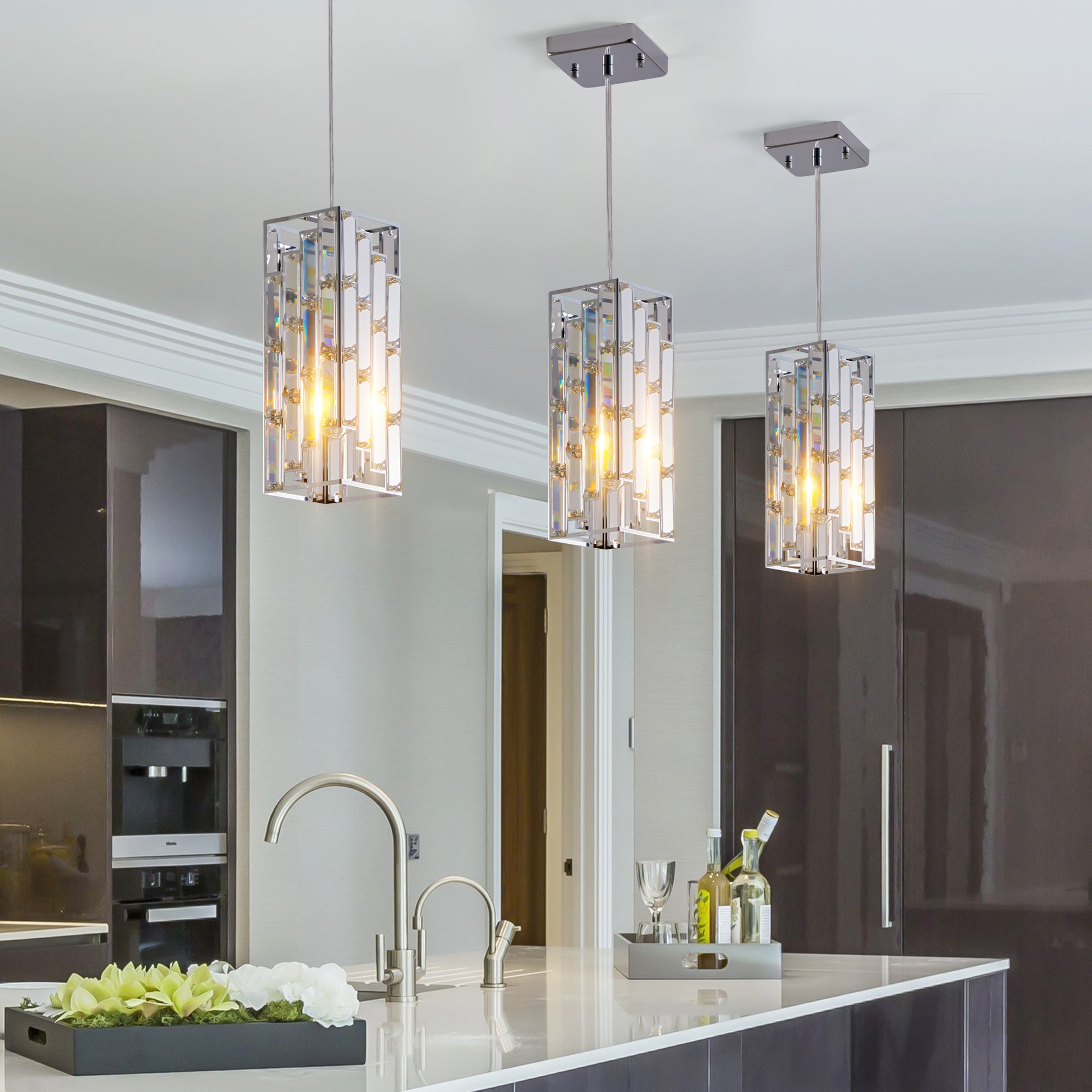 4" Chrome Crystal Pendant Light, Set of 3