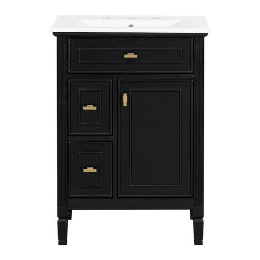 24" Black Bathroom Vanity with Ceramic Sink and Gold Knobs