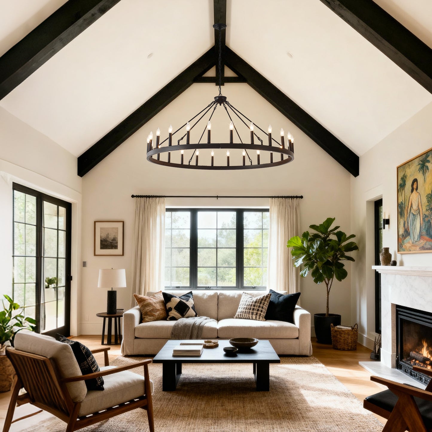 53" Matte Black Wagon Wheel Chandelier, 24-Light - view 4