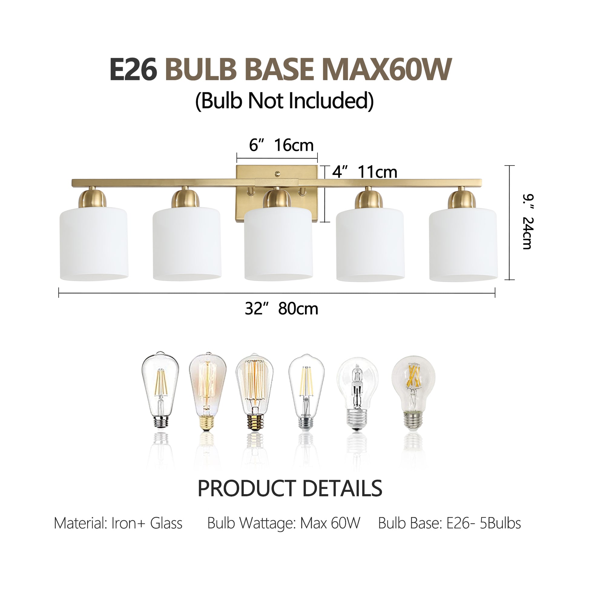 5-Light Gold Vanity Wall Light with Frosted Glass - view 8