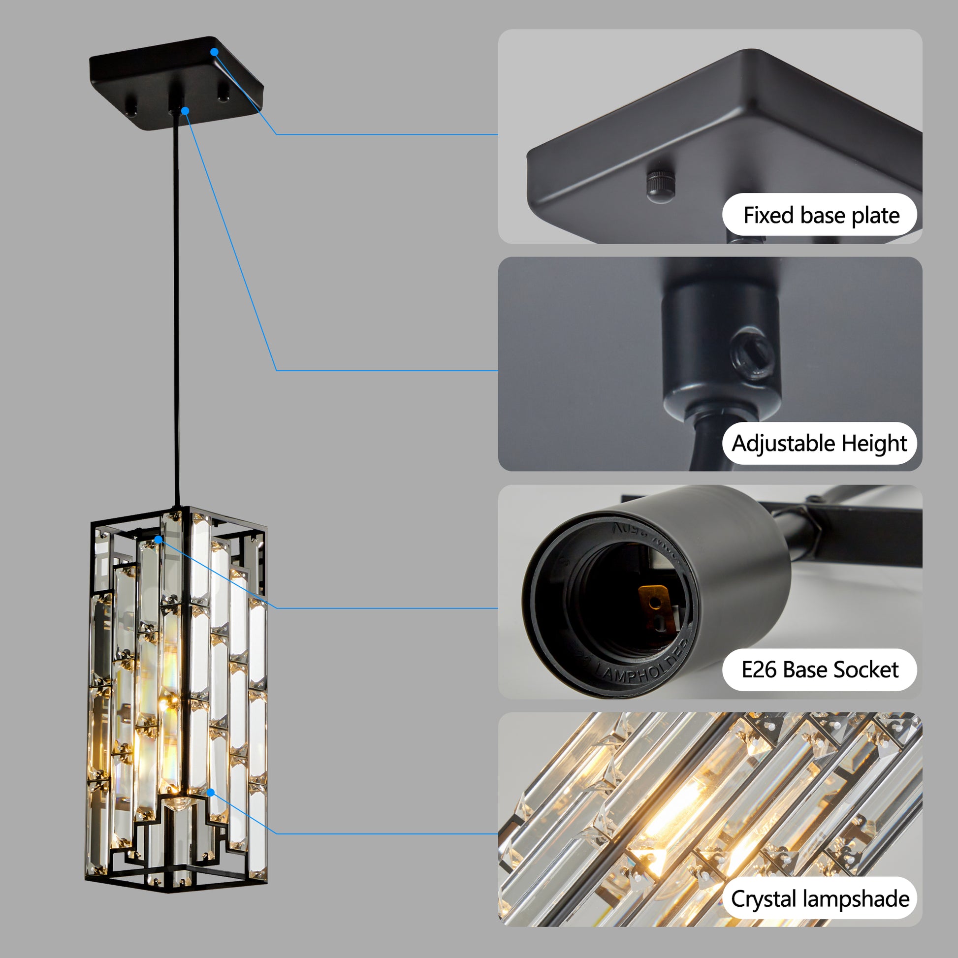 4" Black Crystal Pendant Light, Set of 3 - view 5