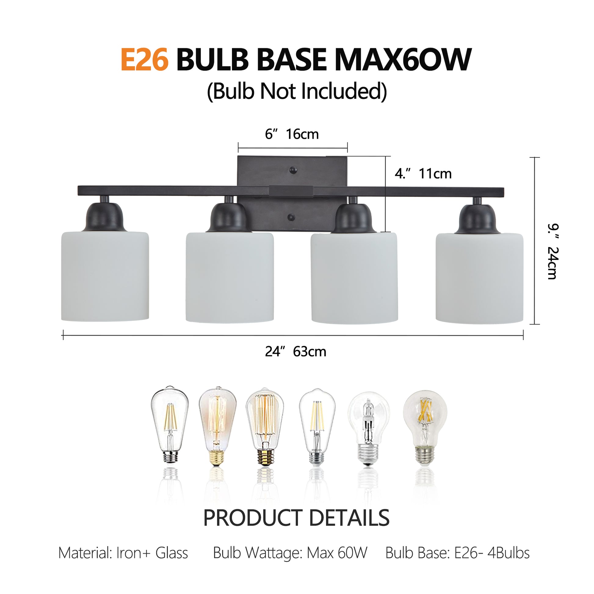 4-Light Black Vanity Wall Light with Frosted Glass - view 7