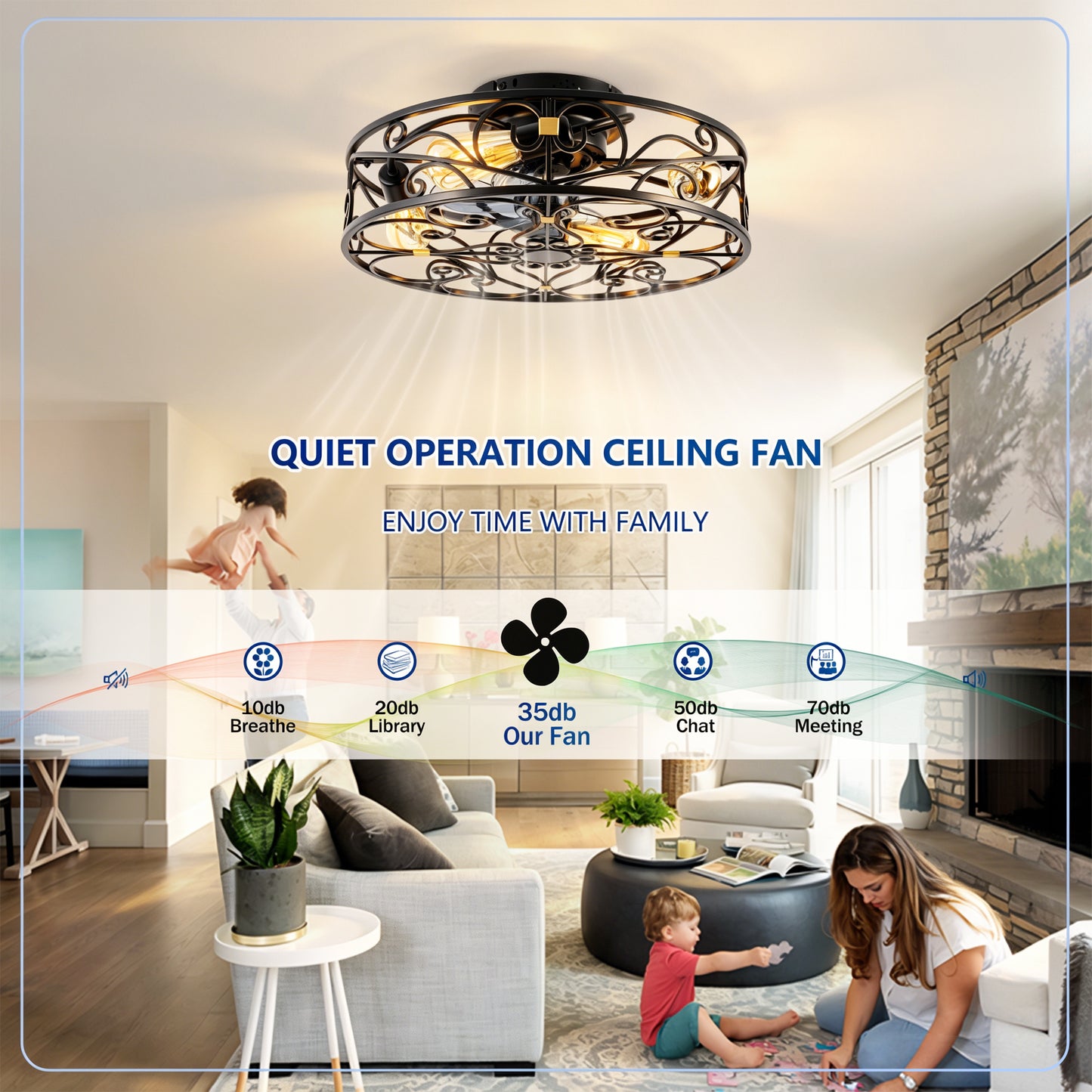20" Matte Black Flush Mount Caged Ceiling Fan with Remote - view 14