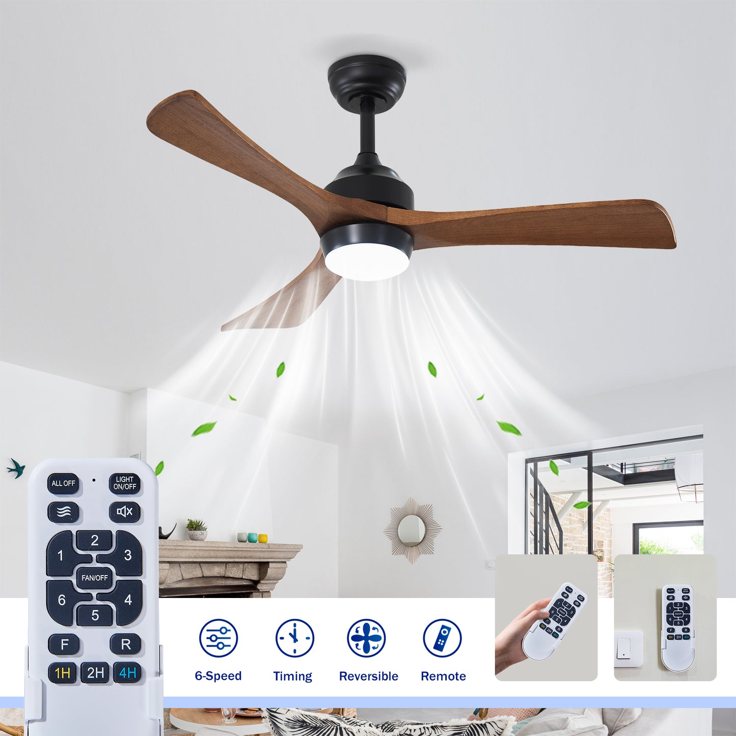 42" Matte Black Solid Wood 3-Blade Ceiling Fan - view 9