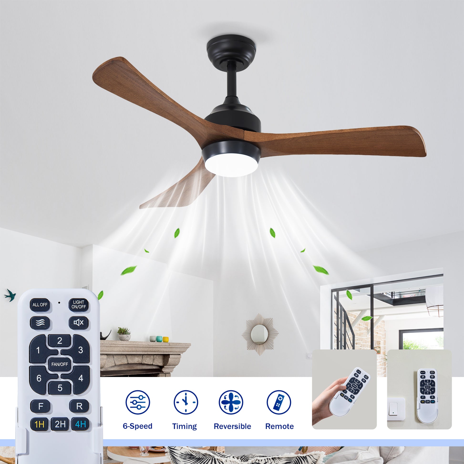 42" Matte Black Solid Wood 3-Blade Ceiling Fan - view 9