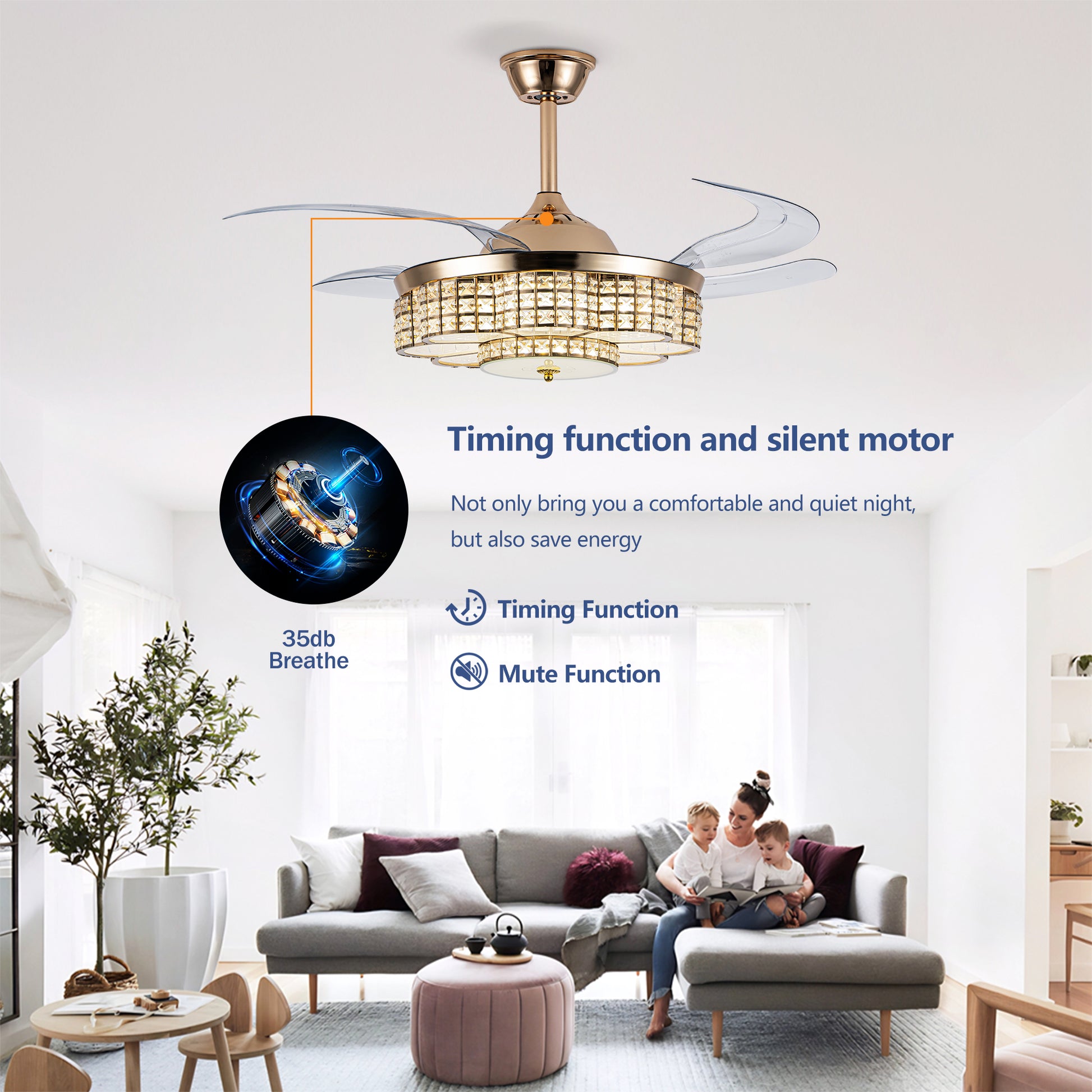 48" Gold Retractable Blade Ceiling Fan with Light & Remote - view 10