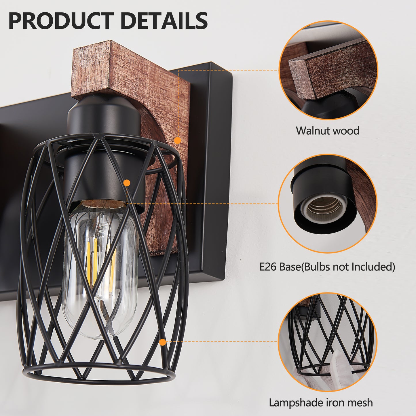 38" 6-Light Caged Industrial Wall Light with Wood Accents - view 7