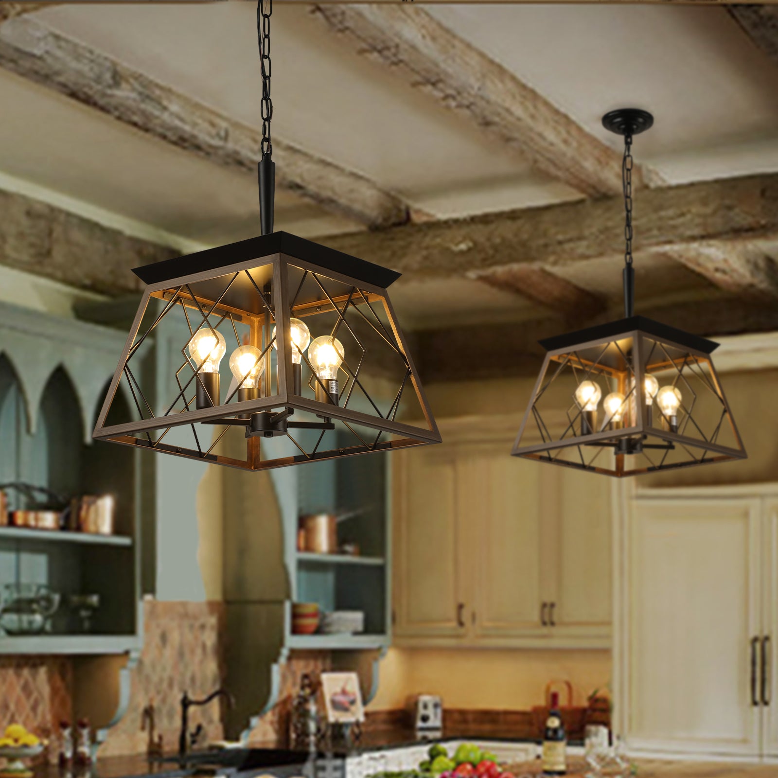16" 4-Light Walnut Industrial Caged Chandelier - view 3