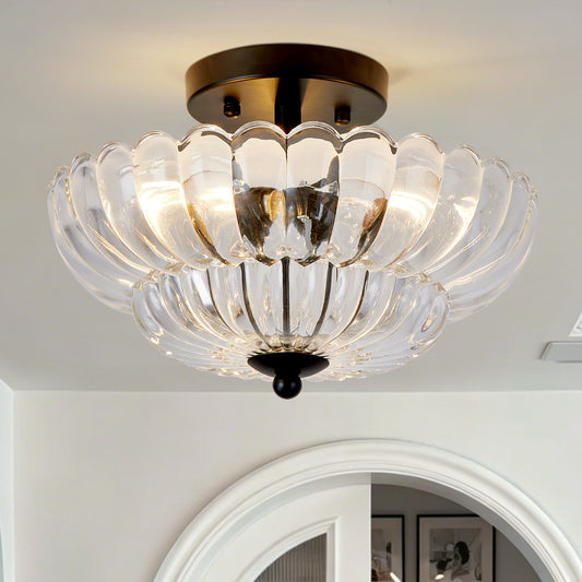 3-Light Black Smoky Gray Glass Semi Flush Mount Ceiling Light