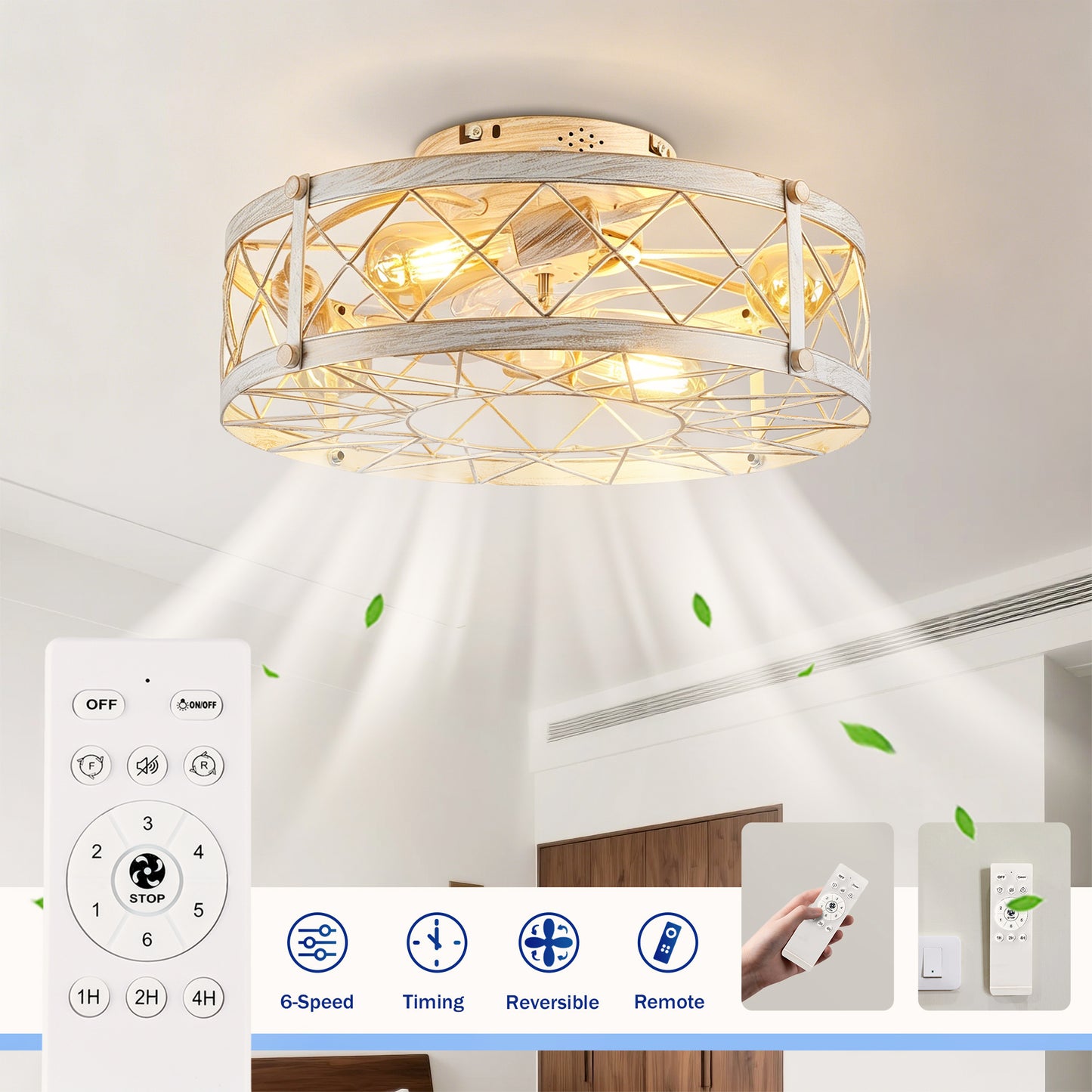 20" Matte White Caged Ceiling Fan with Remote - view 7