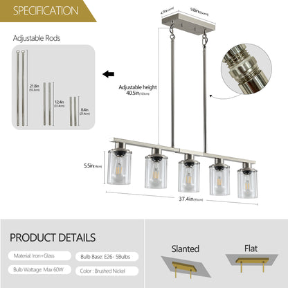37" Brushed Nickel 5-Light Chandelier with Glass Shades - view 9