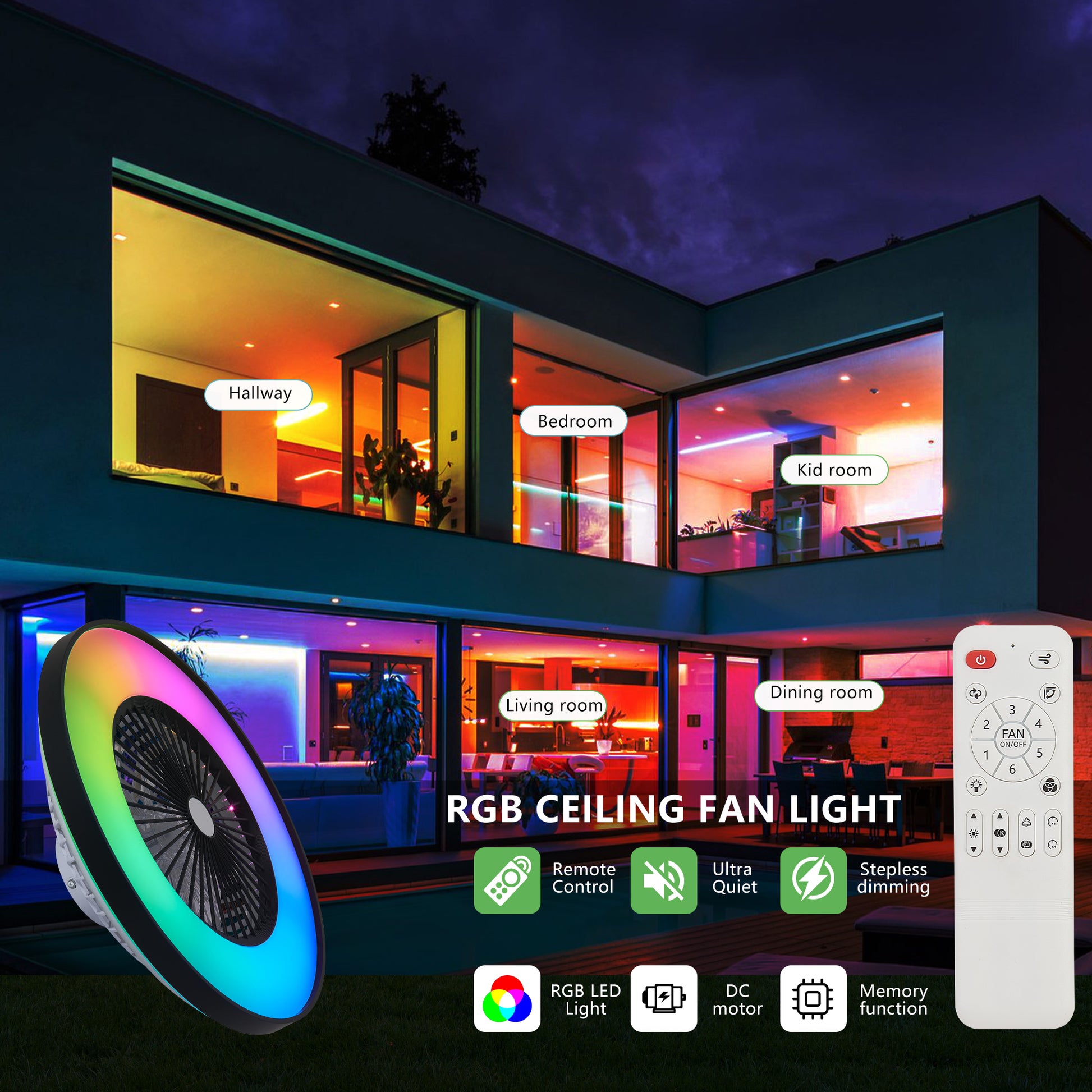 23" Black Smart Ceiling Fan with RGB LED - view 7