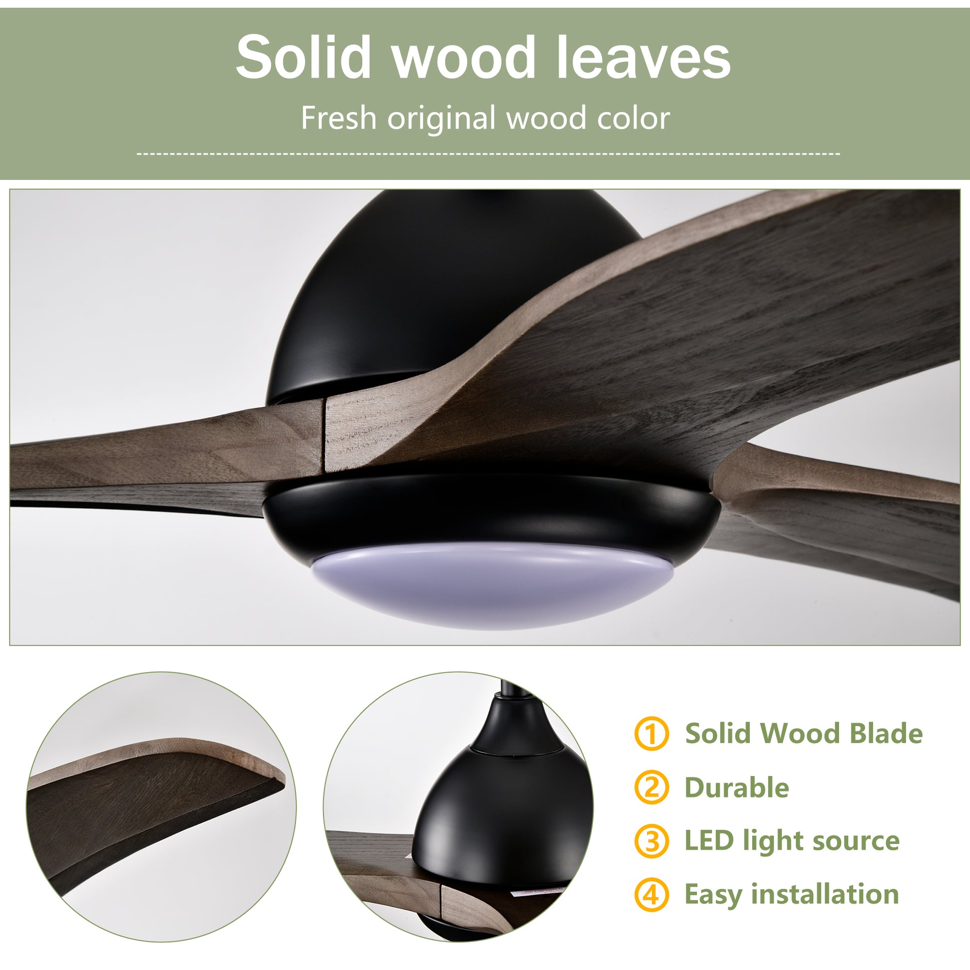 52" Matte Black Solid Wood Ceiling Fan with Remote - view 14