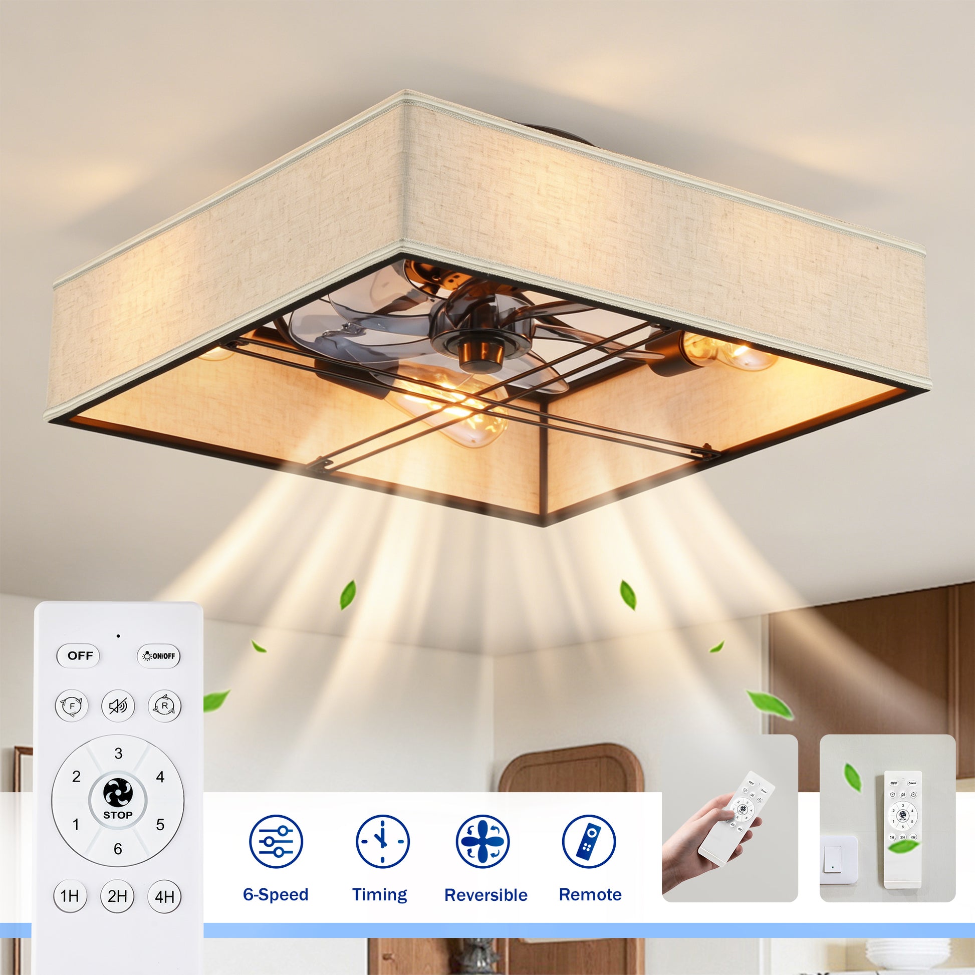 16.6" Square Fabric Farmhouse Flush Mount Ceiling Fan - view 6